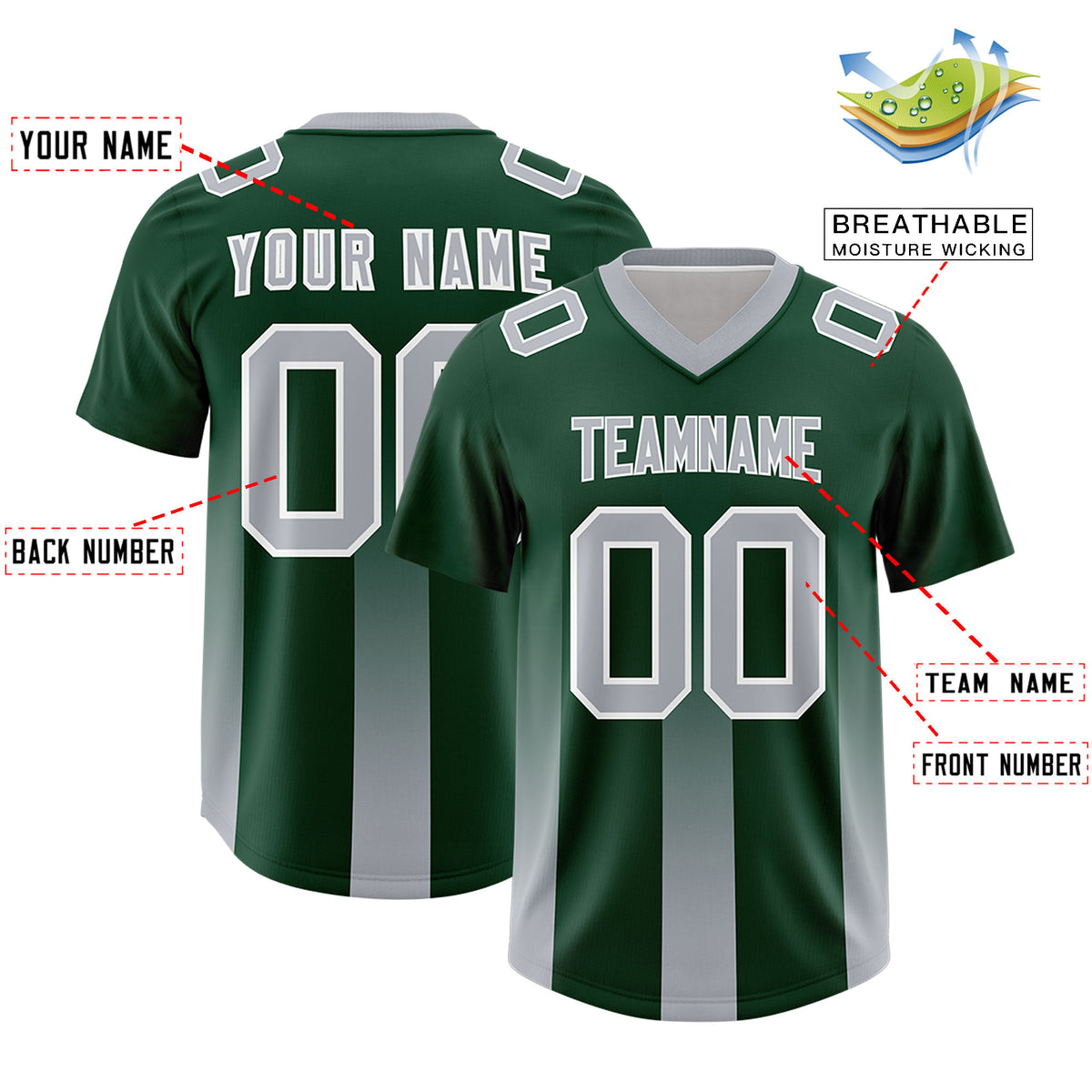Custom Green Gray Vertical Width Stripe Gradient Fashion Personalized Team Football Jersey