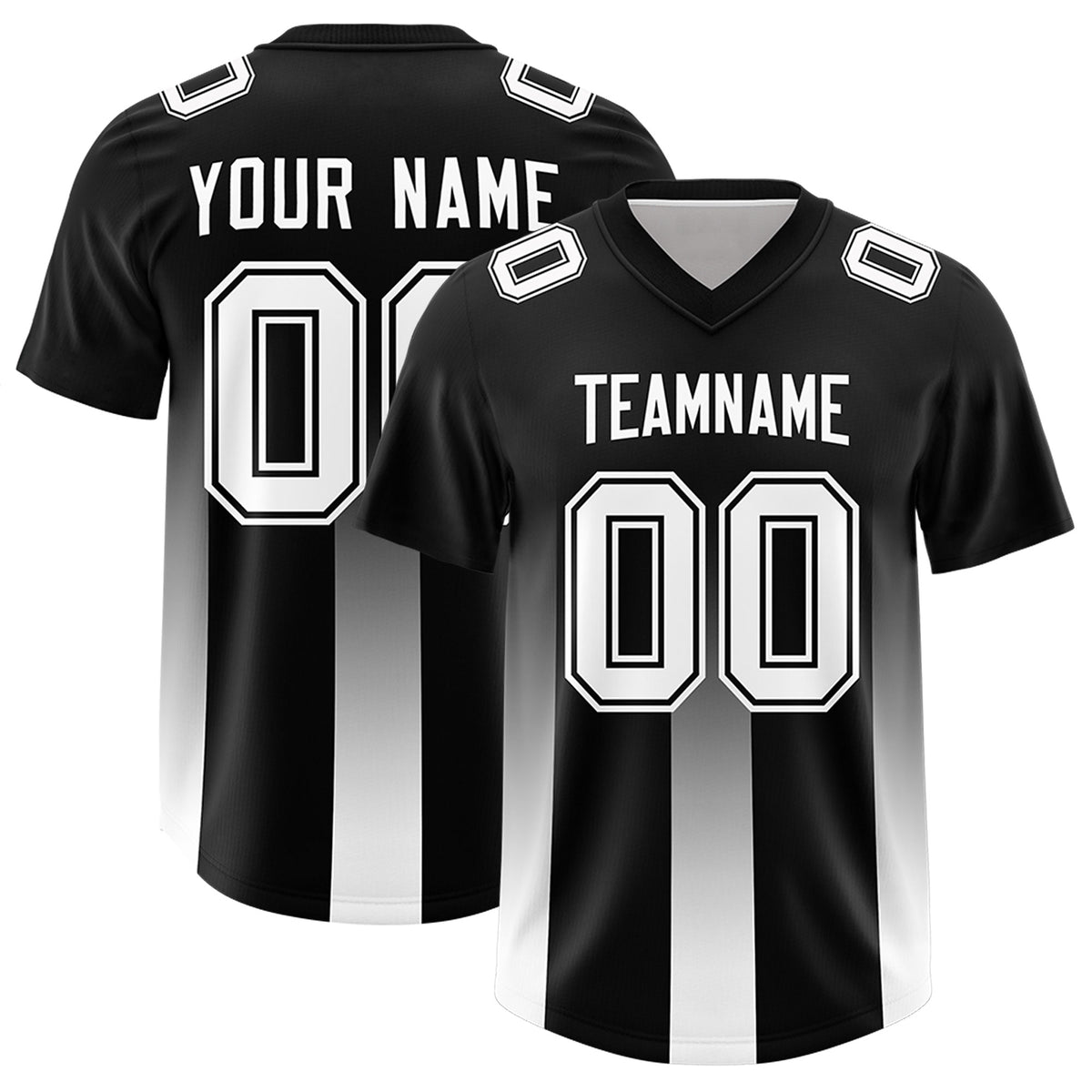 Custom Black White Vertical Width Stripe Gradient Fashion Personalized Team Football Jersey