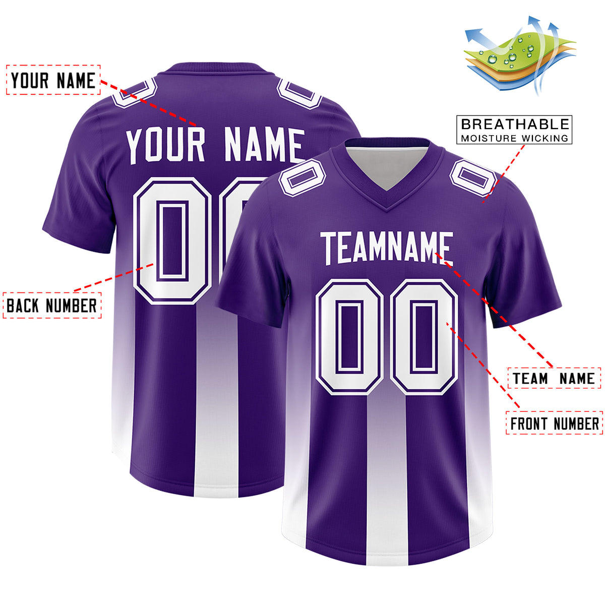 Custom Purple White Vertical Width Stripe Gradient Fashion Personalized Team Football Jersey