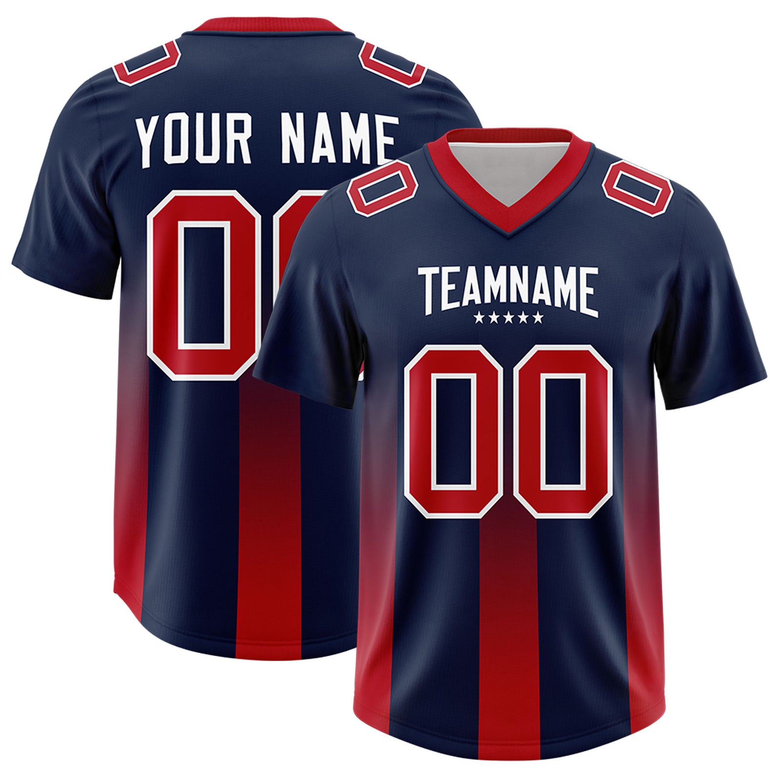 Custom Navy Red Vertical Width Stripe Gradient Fashion Personalized Team Football Jersey