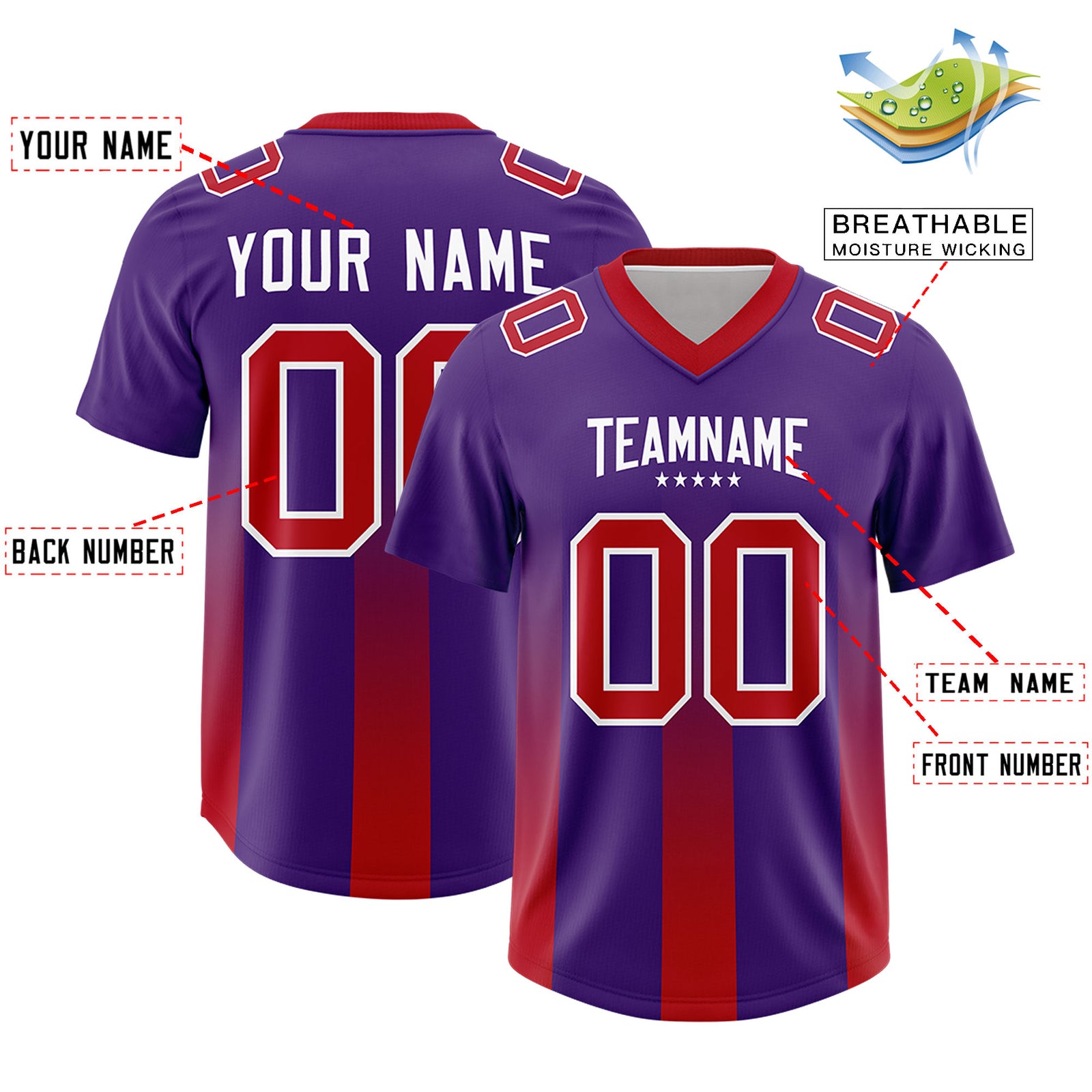 Custom Purple Red Vertical Width Stripe Gradient Fashion Personalized Team Football Jersey
