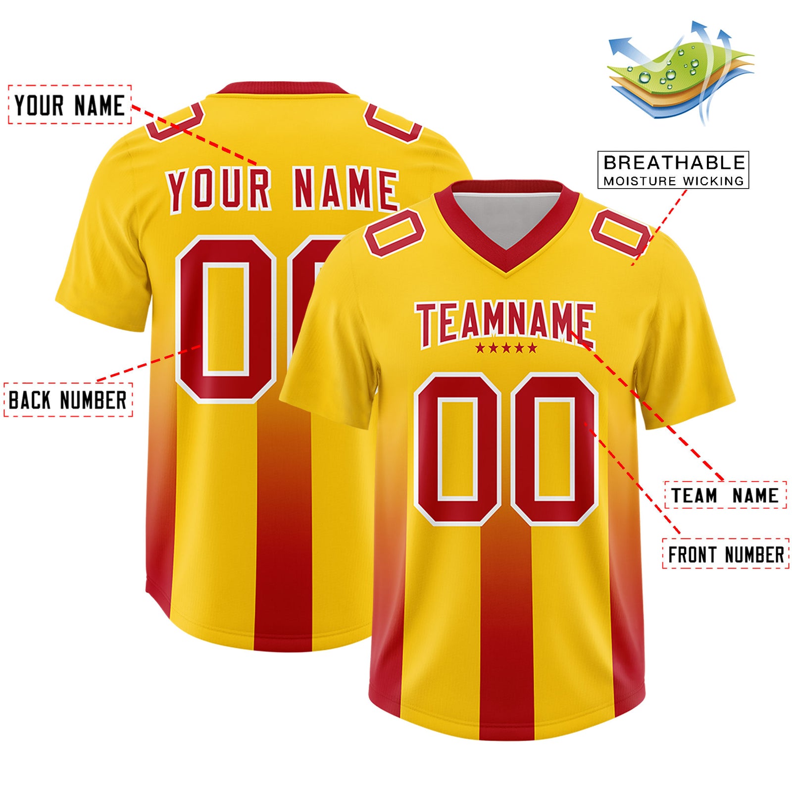 Custom Yellow Red Vertical Width Stripe Gradient Fashion Personalized Team Football Jersey