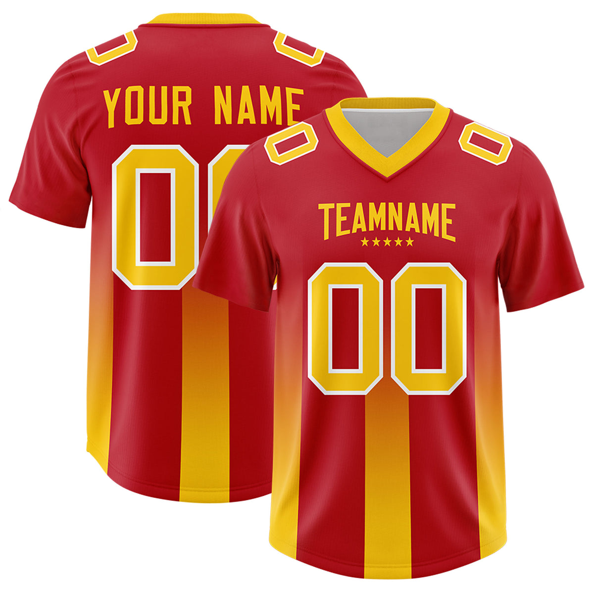 Custom Red Yellow Vertical Width Stripe Gradient Fashion Personalized Team Football Jersey