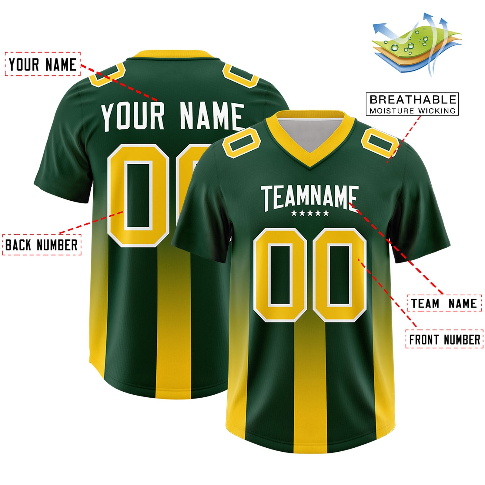 Custom Green Yellow Vertical Width Stripe Gradient Fashion Personalized Team Football Jersey