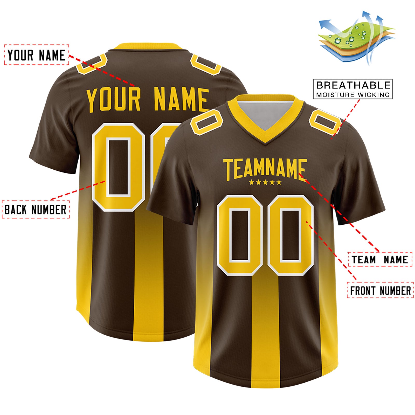 Custom Brown Yellow Vertical Width Stripe Gradient Fashion Personalized Team Football Jersey