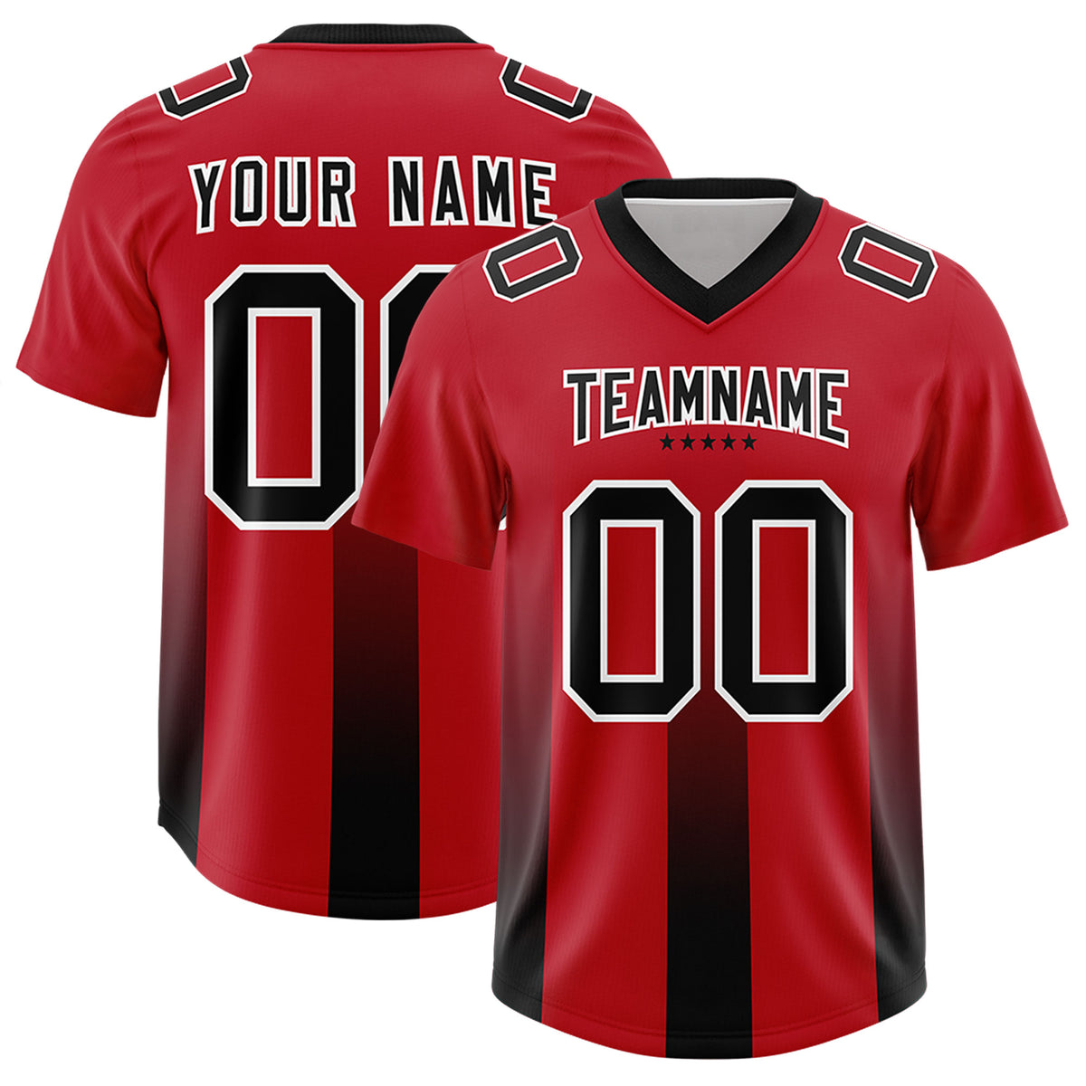 Custom Red Black Vertical Width Stripe Gradient Fashion Personalized Team Football Jersey
