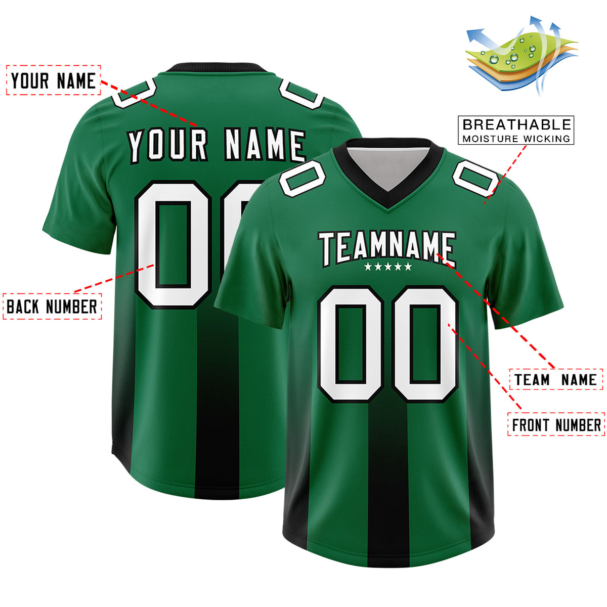Custom Kelly Green Black Vertical Width Stripe Gradient Fashion Personalized Team Football Jersey