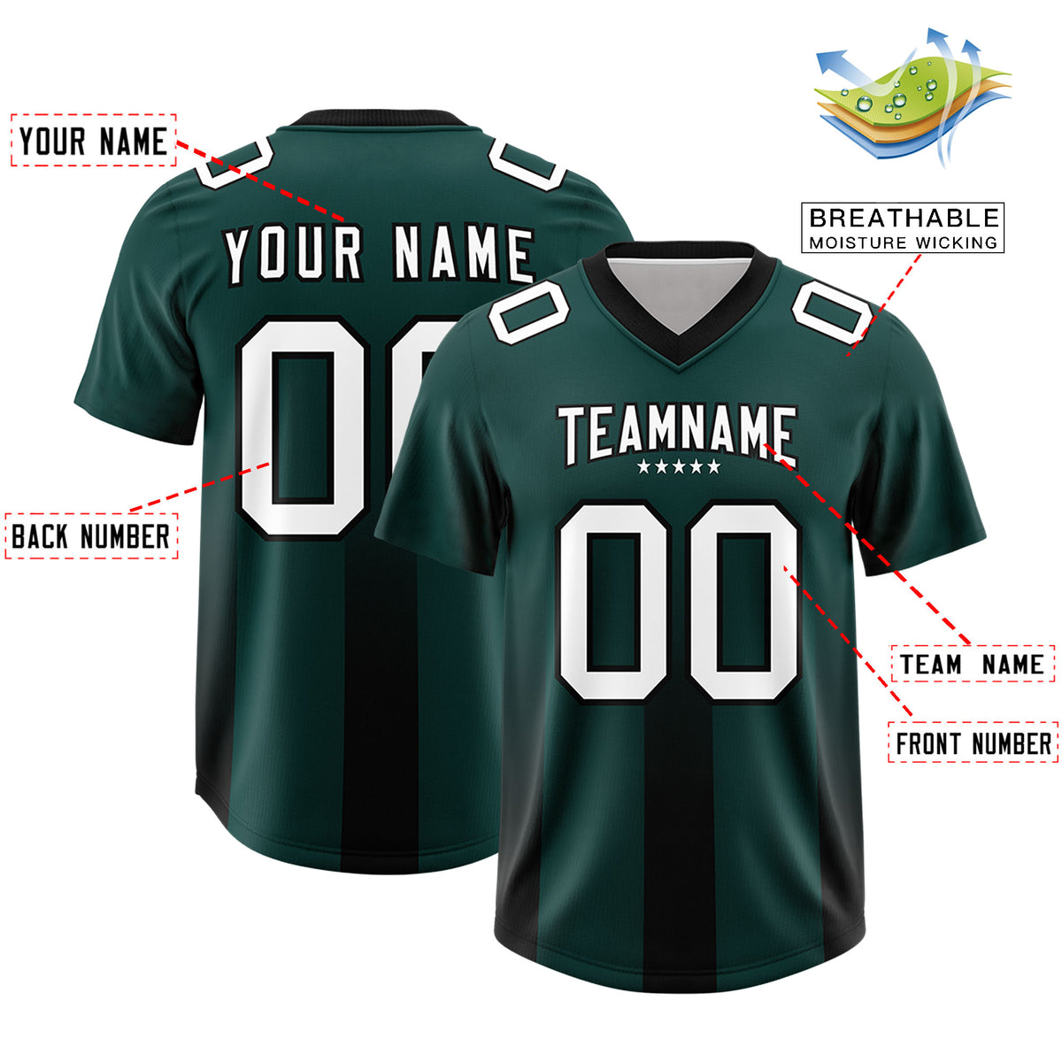 Custom Midnight Green Black Vertical Width Stripe Gradient Fashion Personalized Team Football Jersey