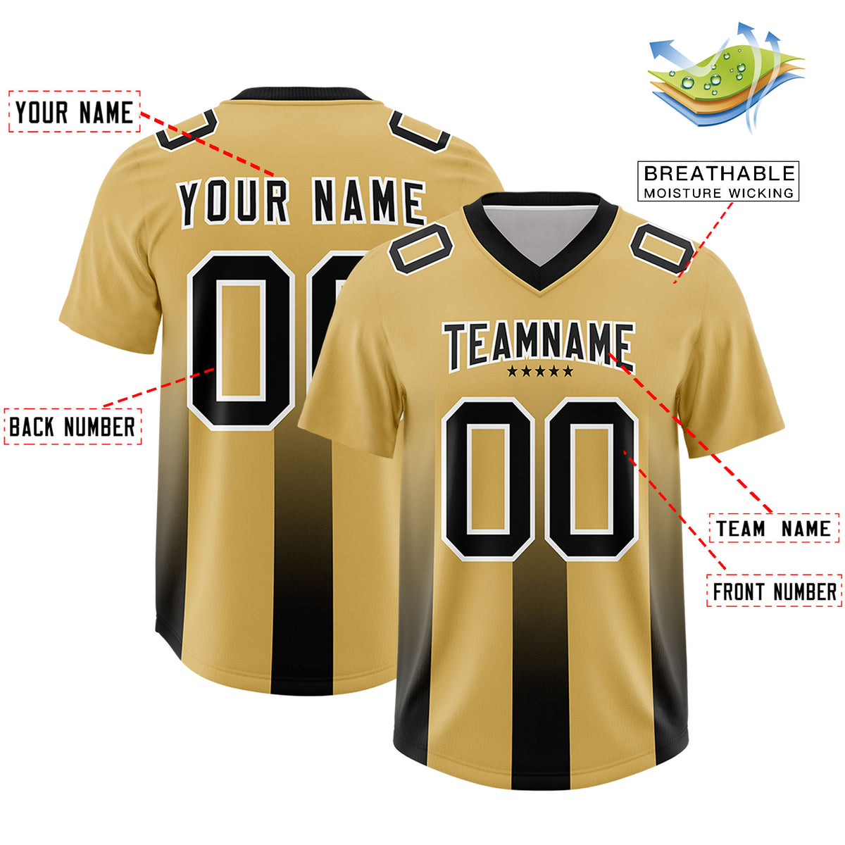 Custom Khaki Black Vertical Width Stripe Gradient Fashion Personalized Team Football Jersey