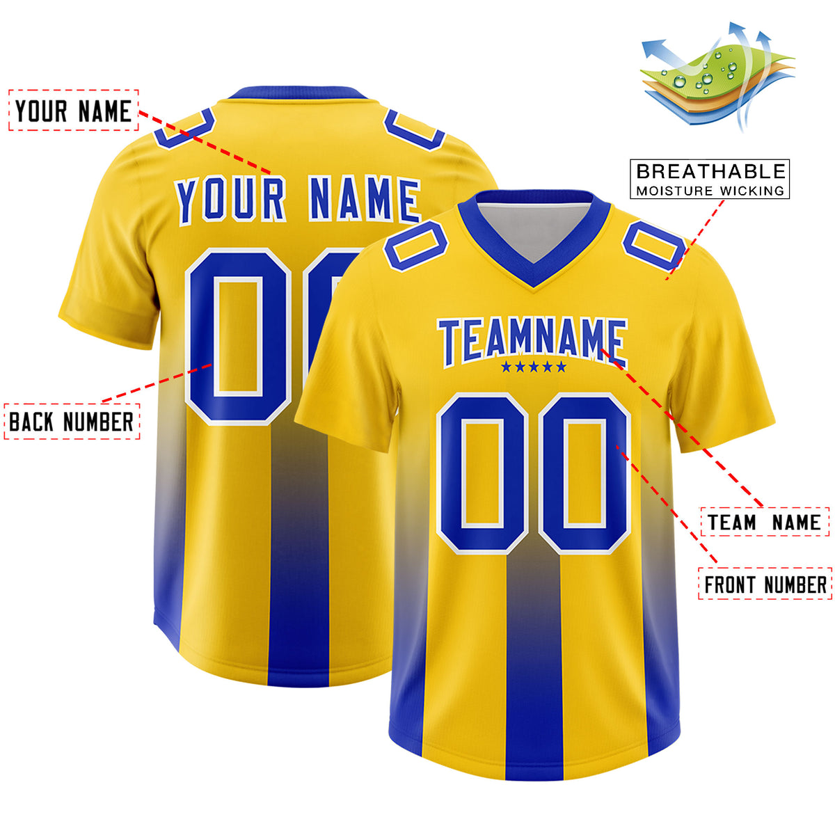 Custom Yellow Royal Vertical Width Stripe Gradient Fashion Personalized Team Football Jersey