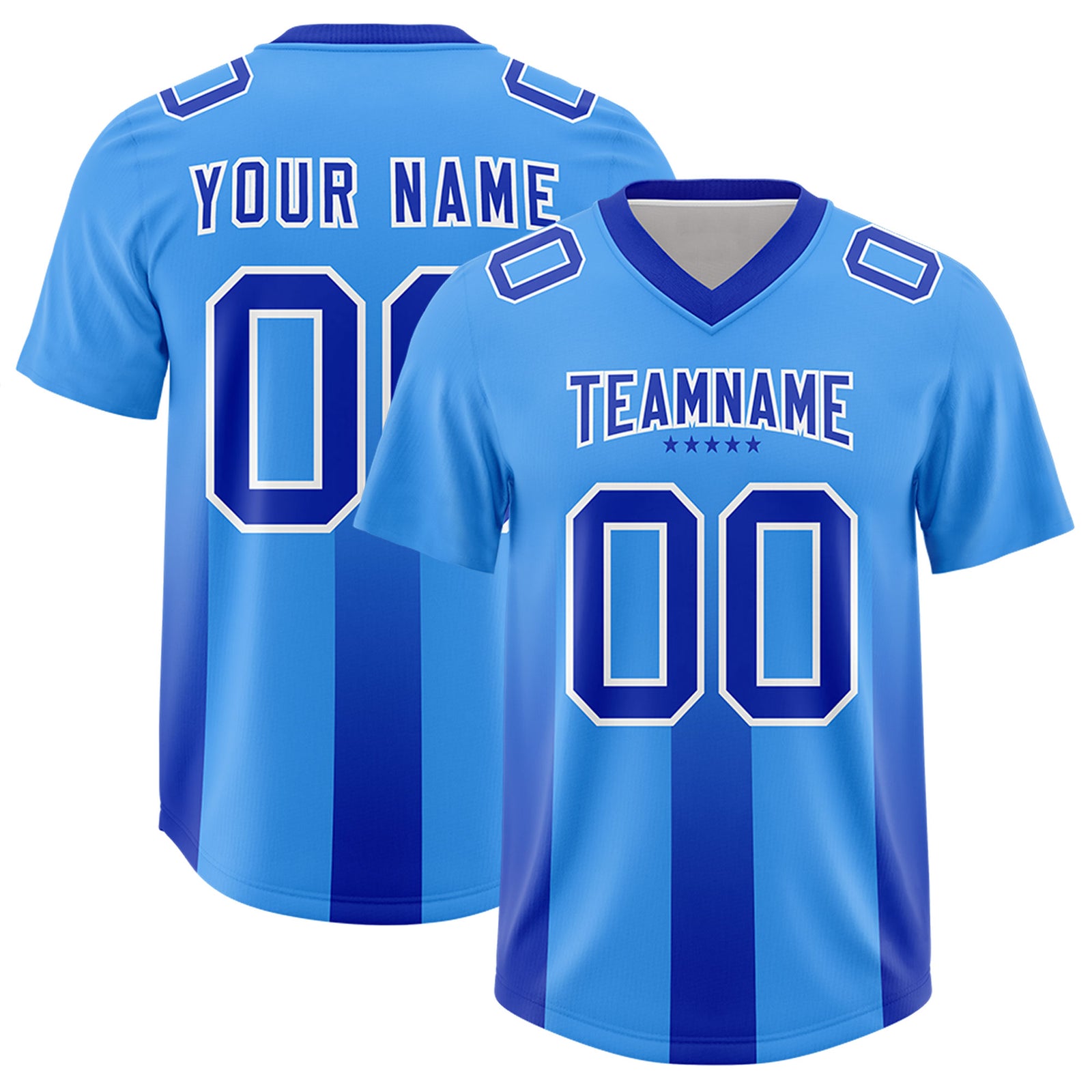 Custom Light Blue Royal Vertical Width Stripe Gradient Fashion Personalized Team Football Jersey