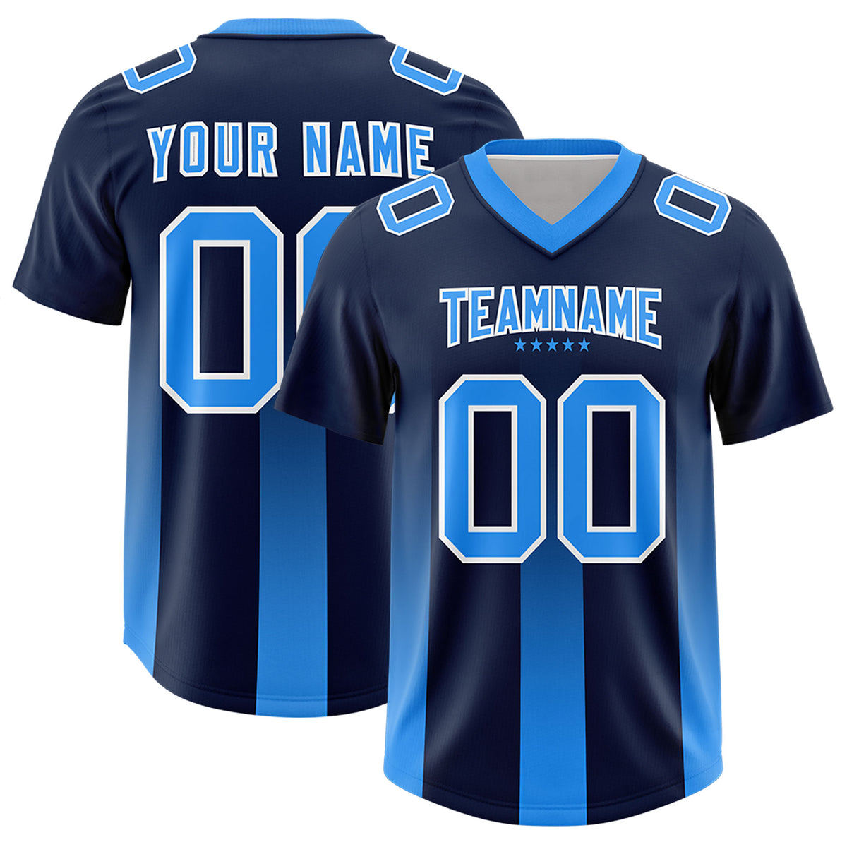 Custom Navy Light Blue Vertical Width Stripe Gradient Fashion Personalized Team Football Jersey