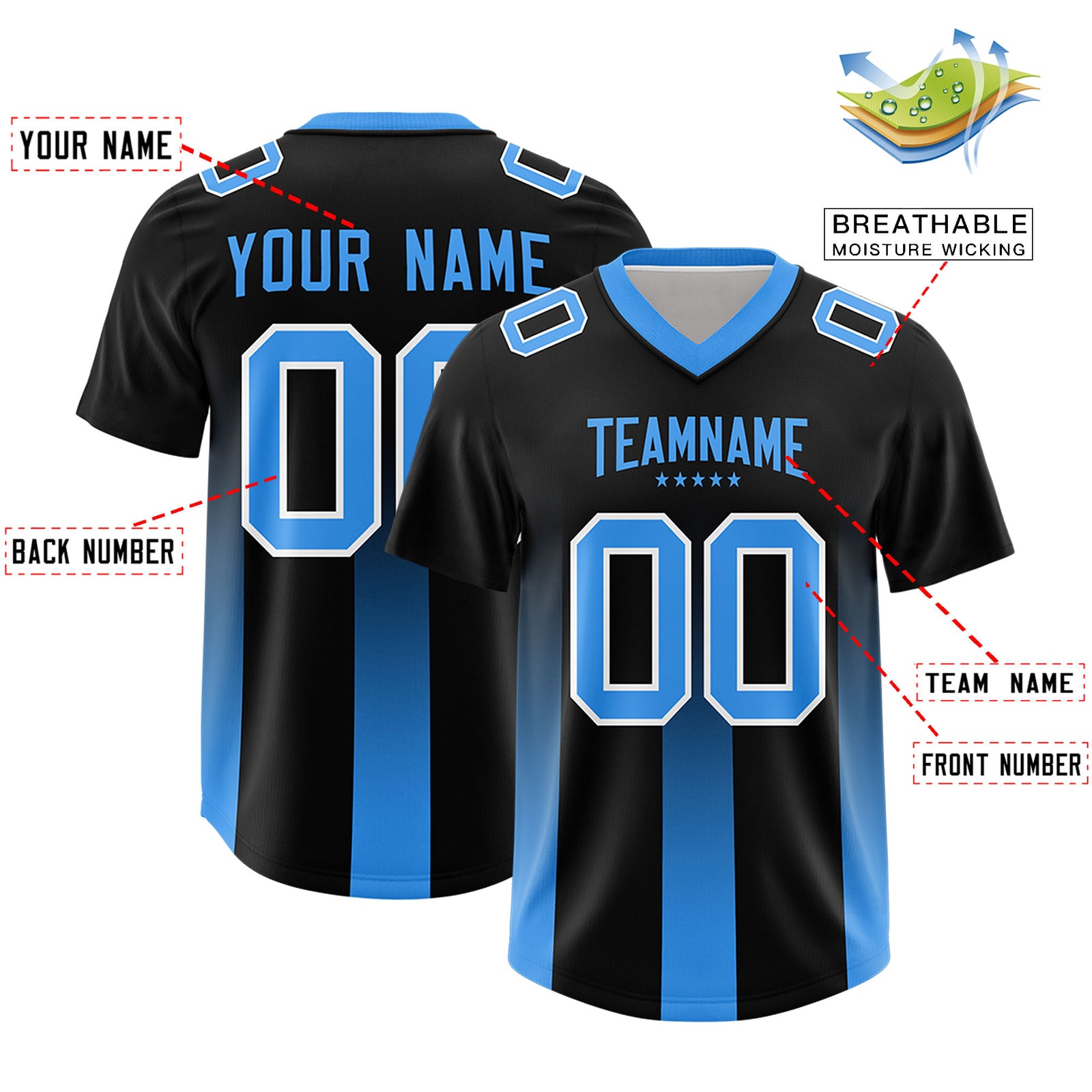 Custom Black Light Blue Vertical Width Stripe Gradient Fashion Personalized Team Football Jersey