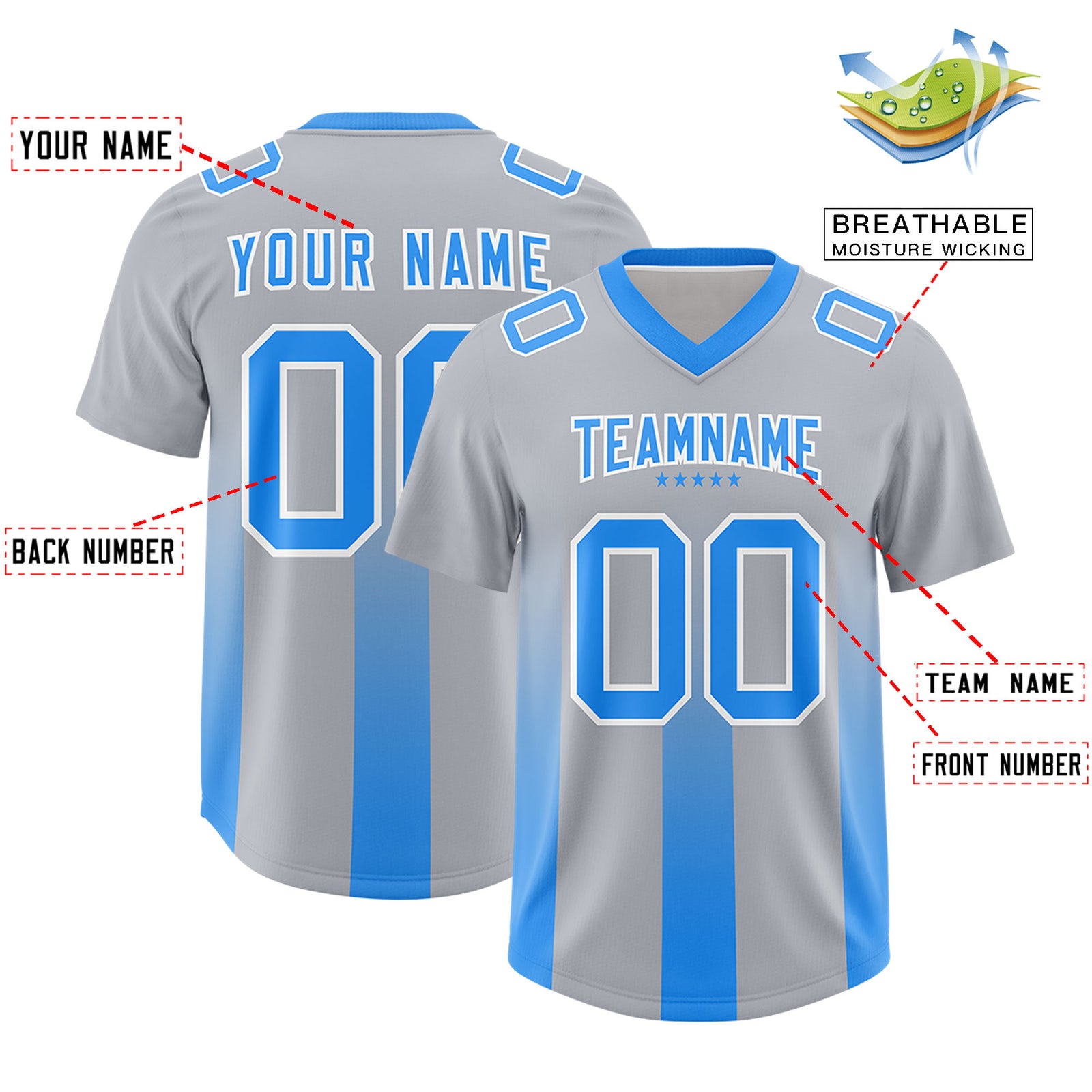 Custom Gray Light Blue Vertical Width Stripe Gradient Fashion Personalized Team Football Jersey