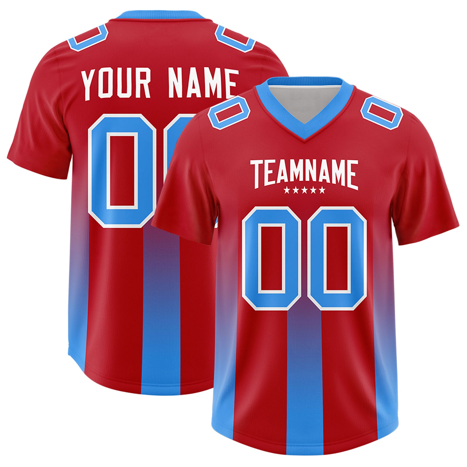 Custom Red Light Blue Vertical Width Stripe Gradient Fashion Personalized Team Football Jersey