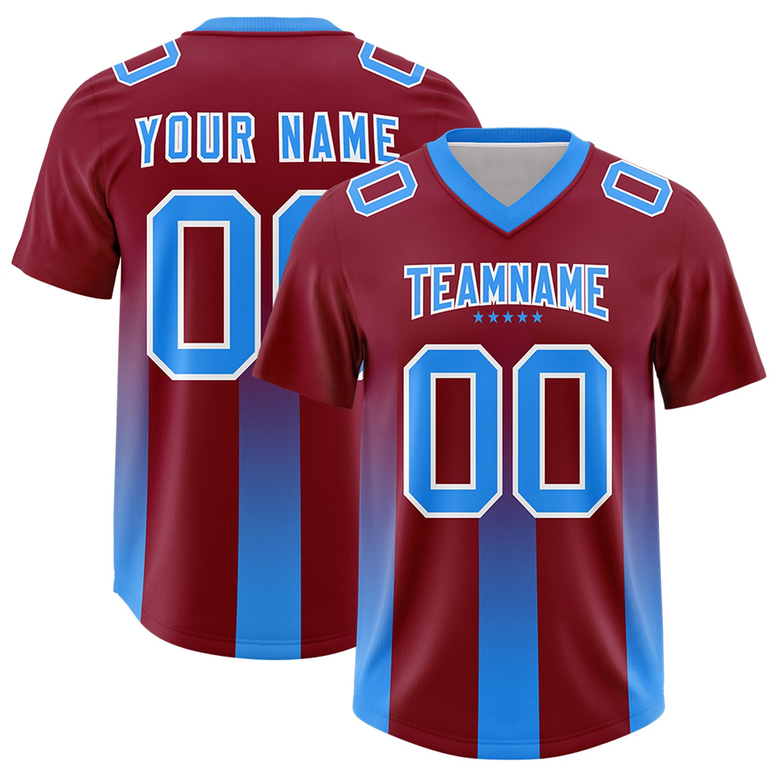 Custom Cardinal Light Blue Vertical Width Stripe Gradient Fashion Personalized Team Football Jersey