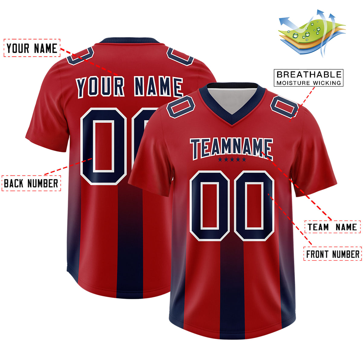 Custom Red Navy Vertical Width Stripe Gradient Fashion Personalized Team Football Jersey