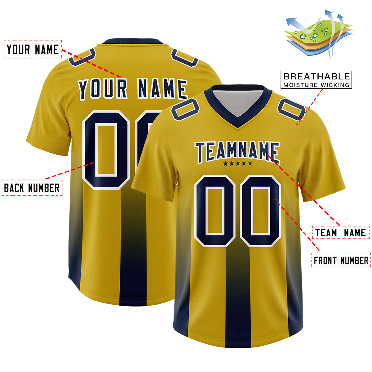 Custom Old Gold Navy Vertical Width Stripe Gradient Fashion Personalized Team Football Jersey