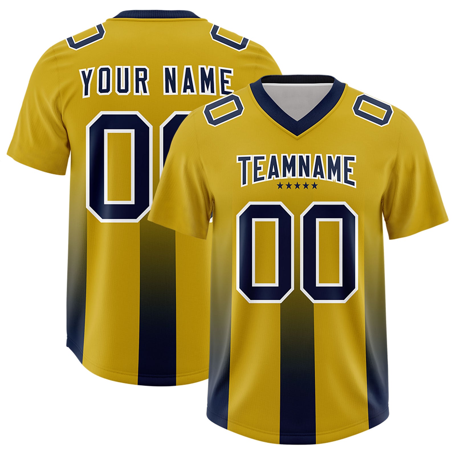 Custom Old Gold Navy Vertical Width Stripe Gradient Fashion Personalized Team Football Jersey