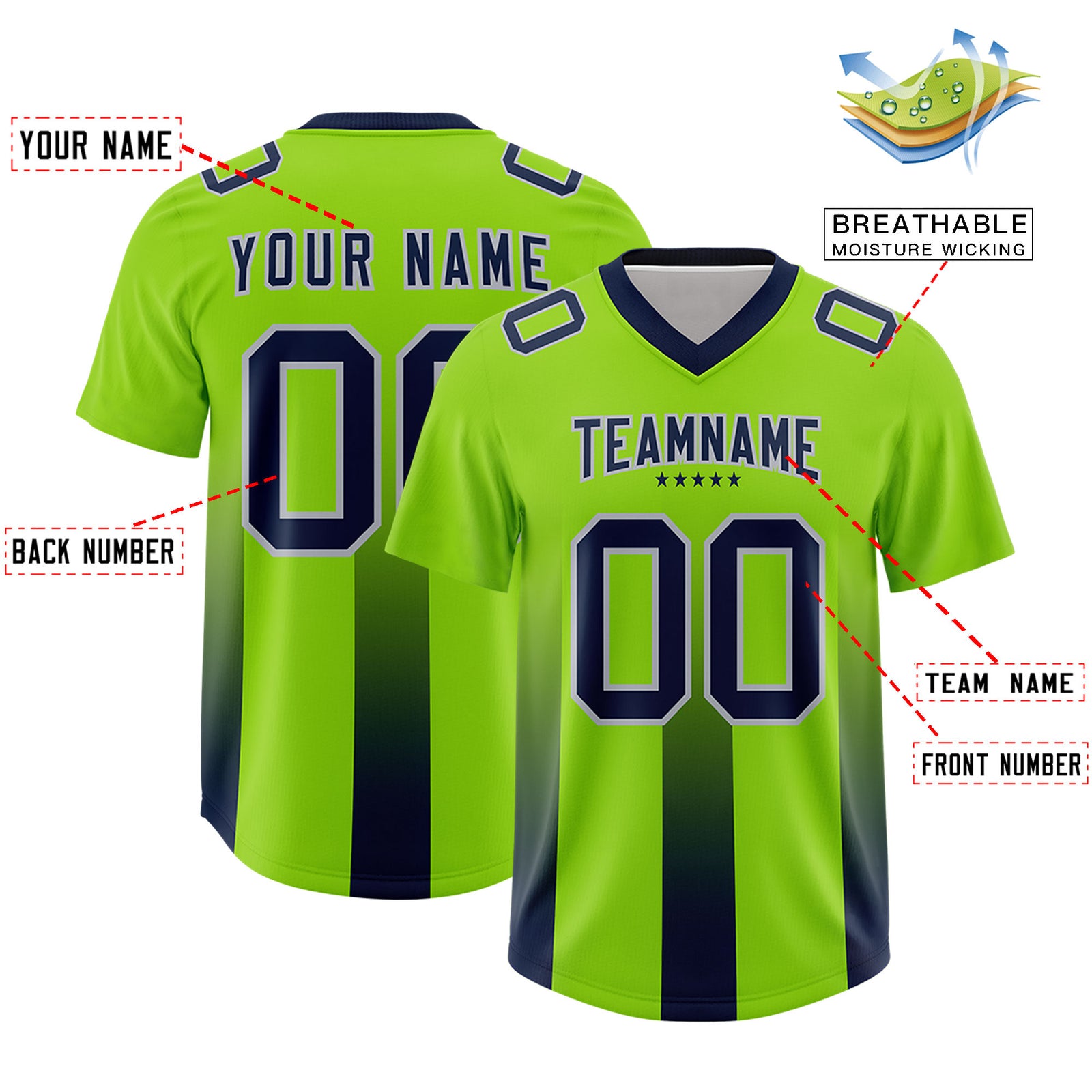 Custom Neon Green Navy Vertical Width Stripe Gradient Fashion Personalized Team Football Jersey