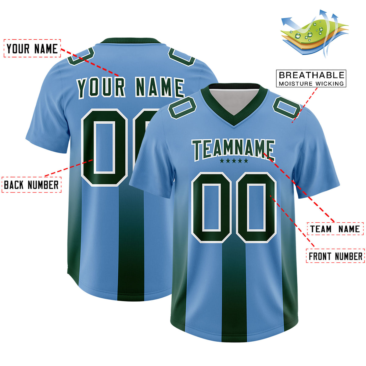 Custom Powder Blue Green Vertical Width Stripe Gradient Fashion Personalized Team Football Jersey