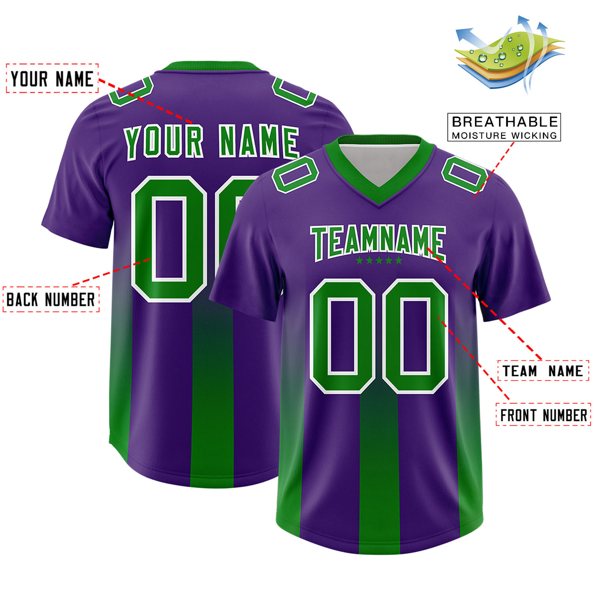 Custom Purple Kelly Green Vertical Width Stripe Gradient Fashion Personalized Team Football Jersey