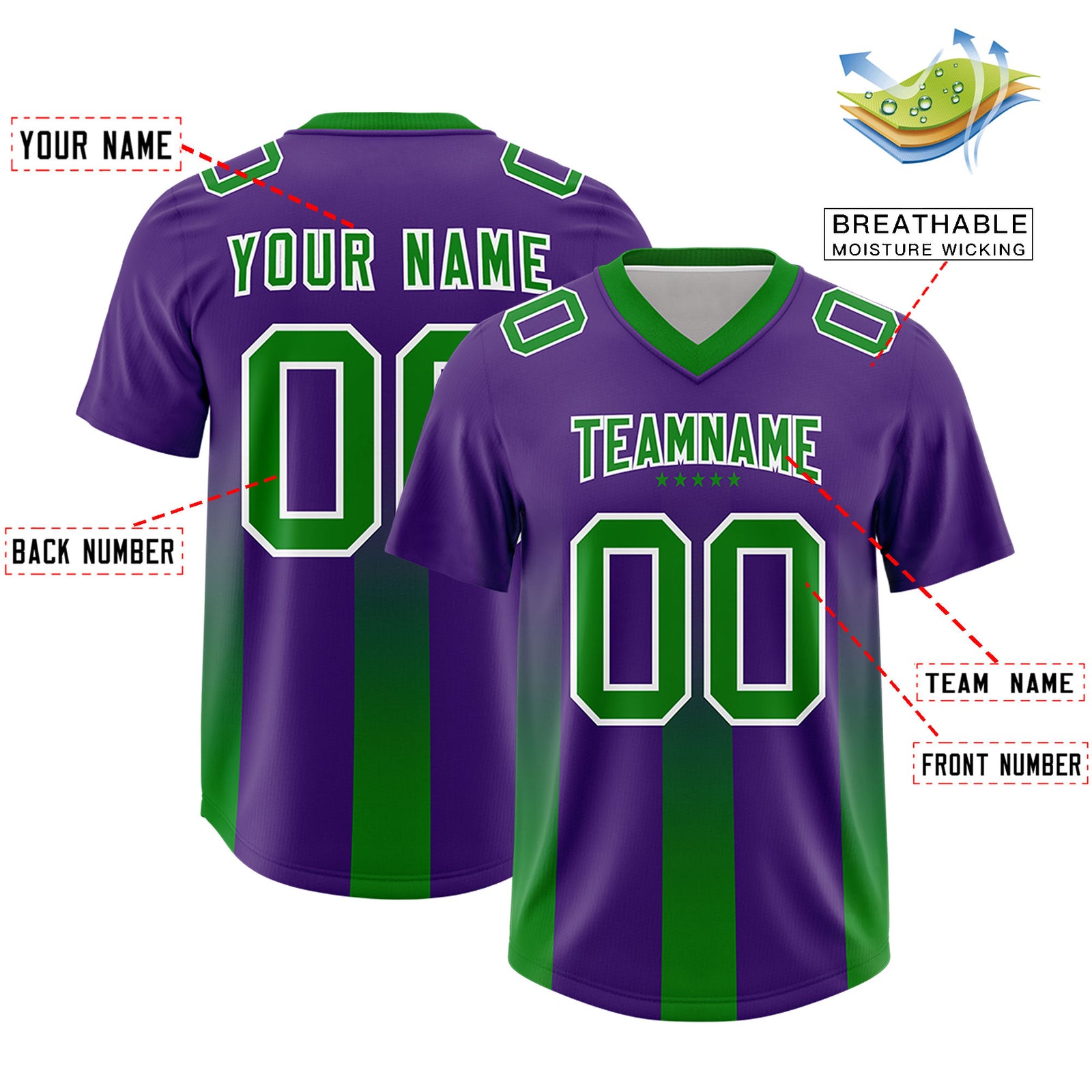 Custom Purple Kelly Green Vertical Width Stripe Gradient Fashion Personalized Team Football Jersey