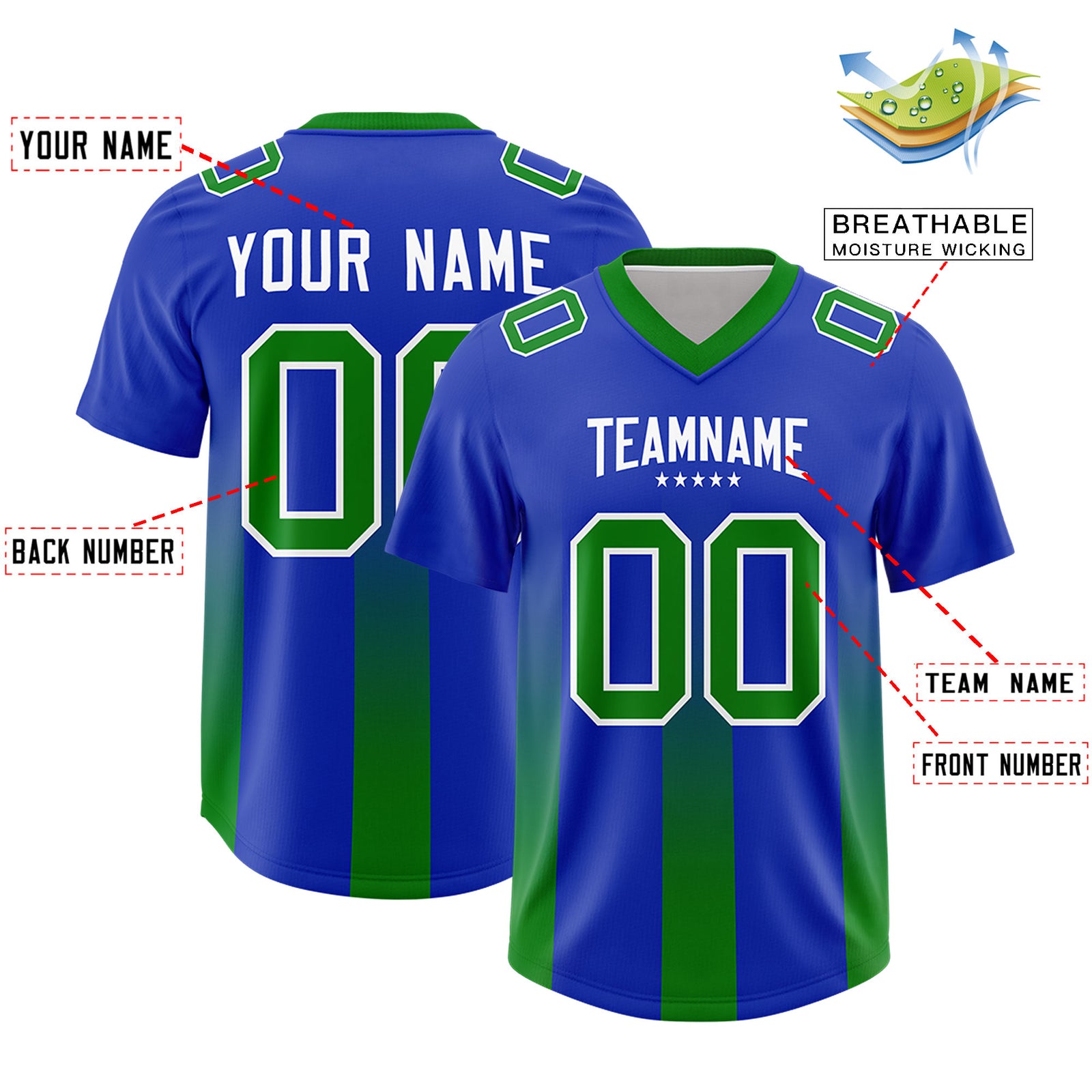 Custom Royal Kelly Green Vertical Width Stripe Gradient Fashion Personalized Team Football Jersey