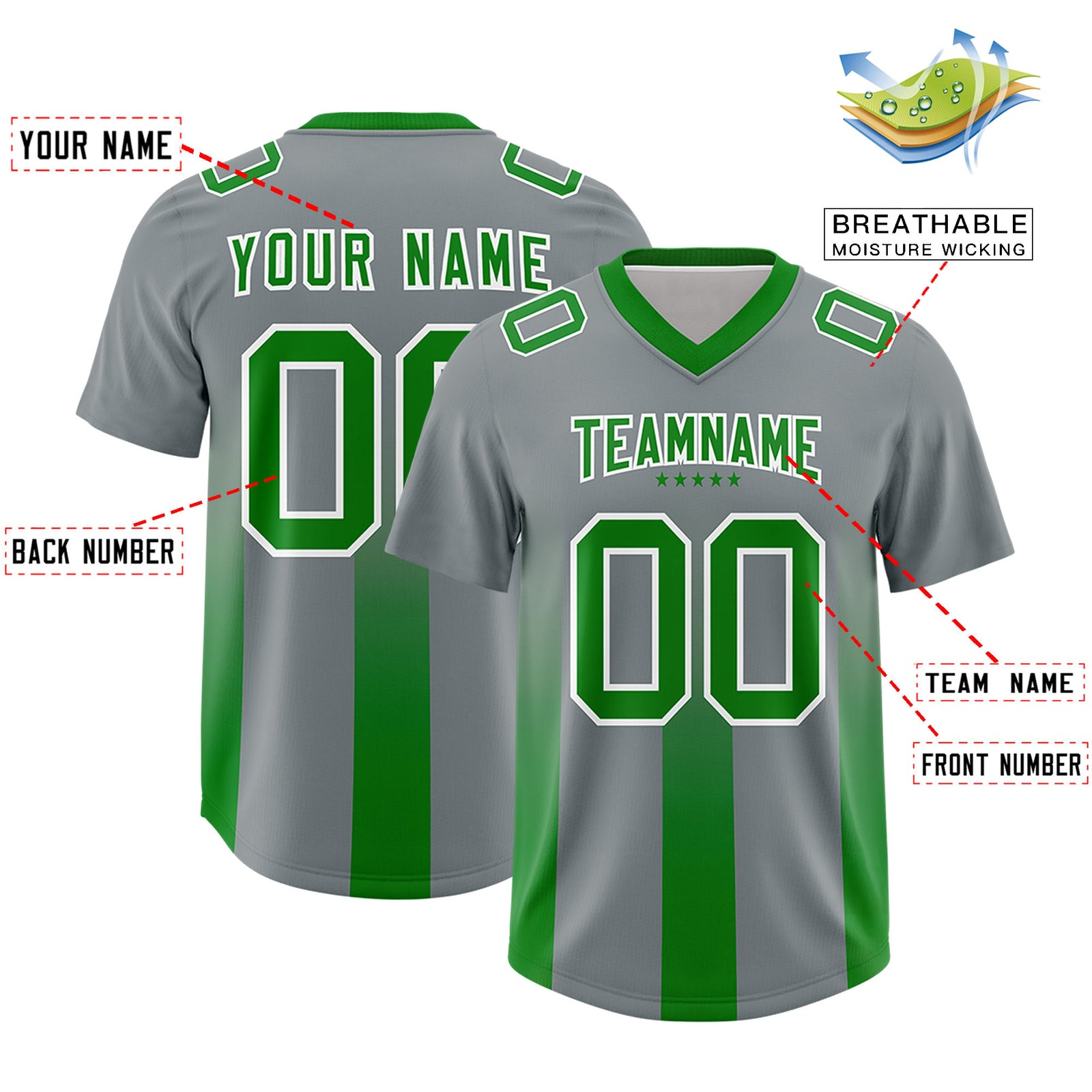 Custom Dark Gray Kelly Green Vertical Width Stripe Gradient Fashion Personalized Team Football Jersey