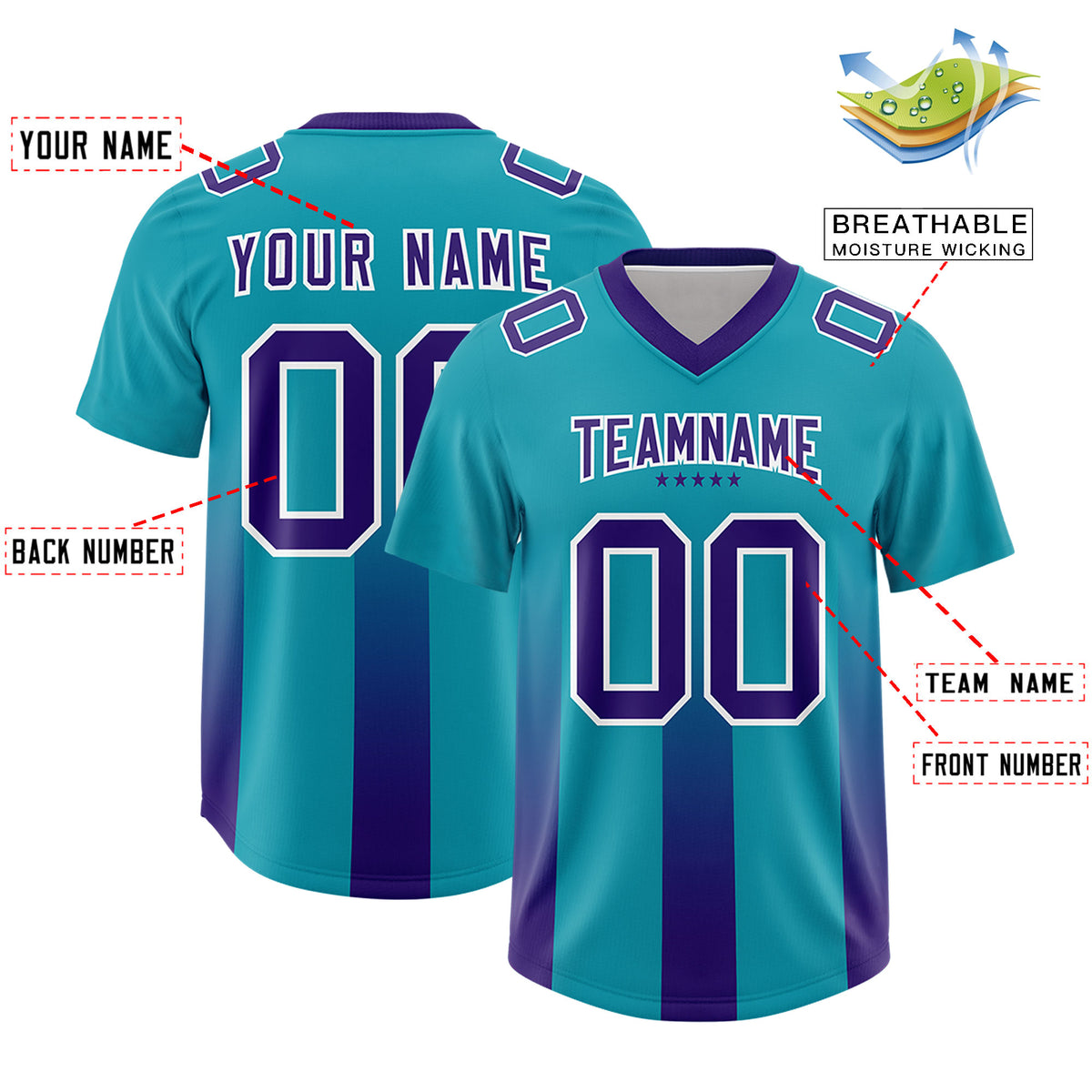 Custom Aqua Purple Vertical Width Stripe Gradient Fashion Personalized Team Football Jersey