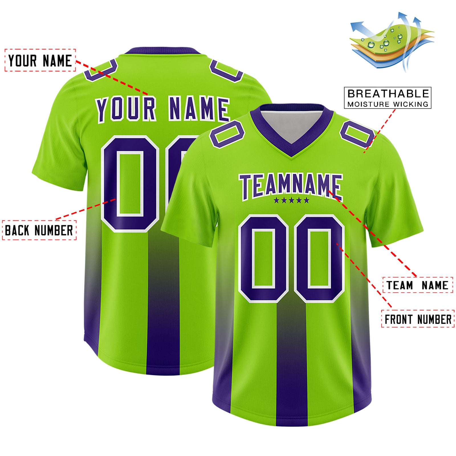 Custom Neon Green Purple Vertical Width Stripe Gradient Fashion Personalized Team Football Jersey