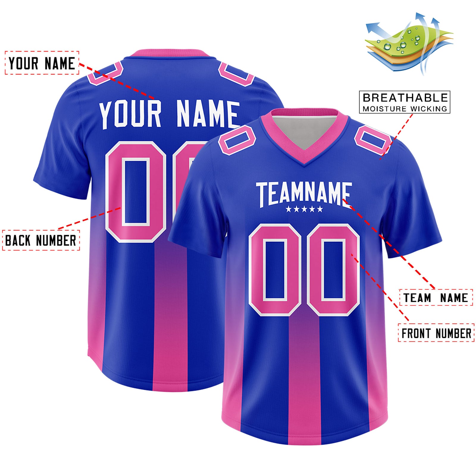 Custom Royal Pink Vertical Width Stripe Gradient Fashion Personalized Team Football Jersey