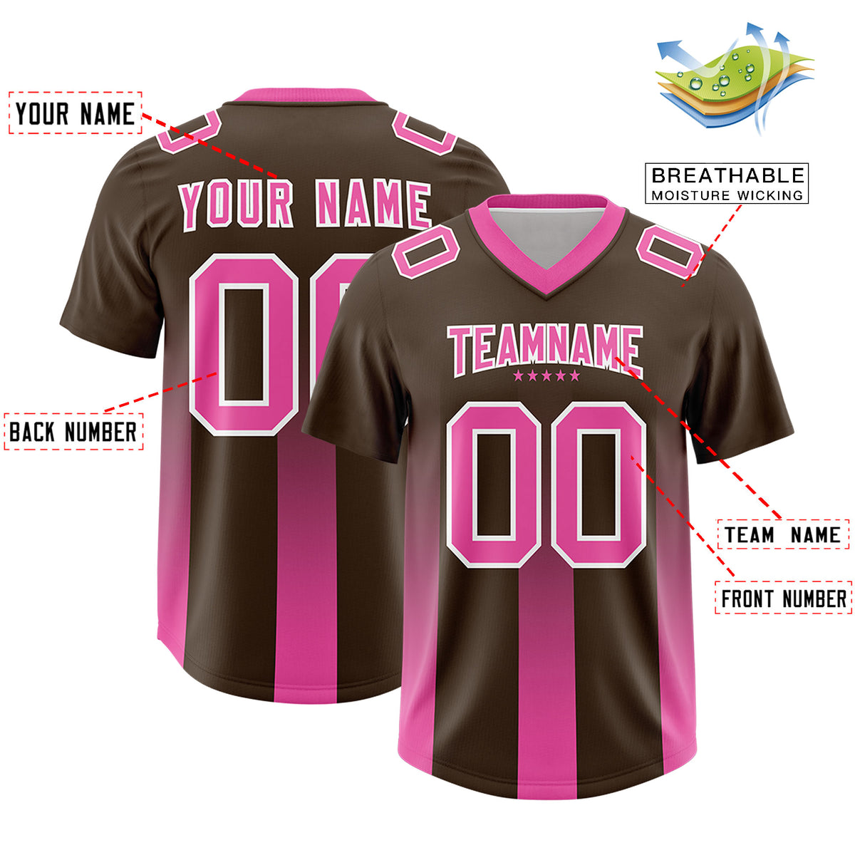 Custom Brown Pink Vertical Width Stripe Gradient Fashion Personalized Team Football Jersey