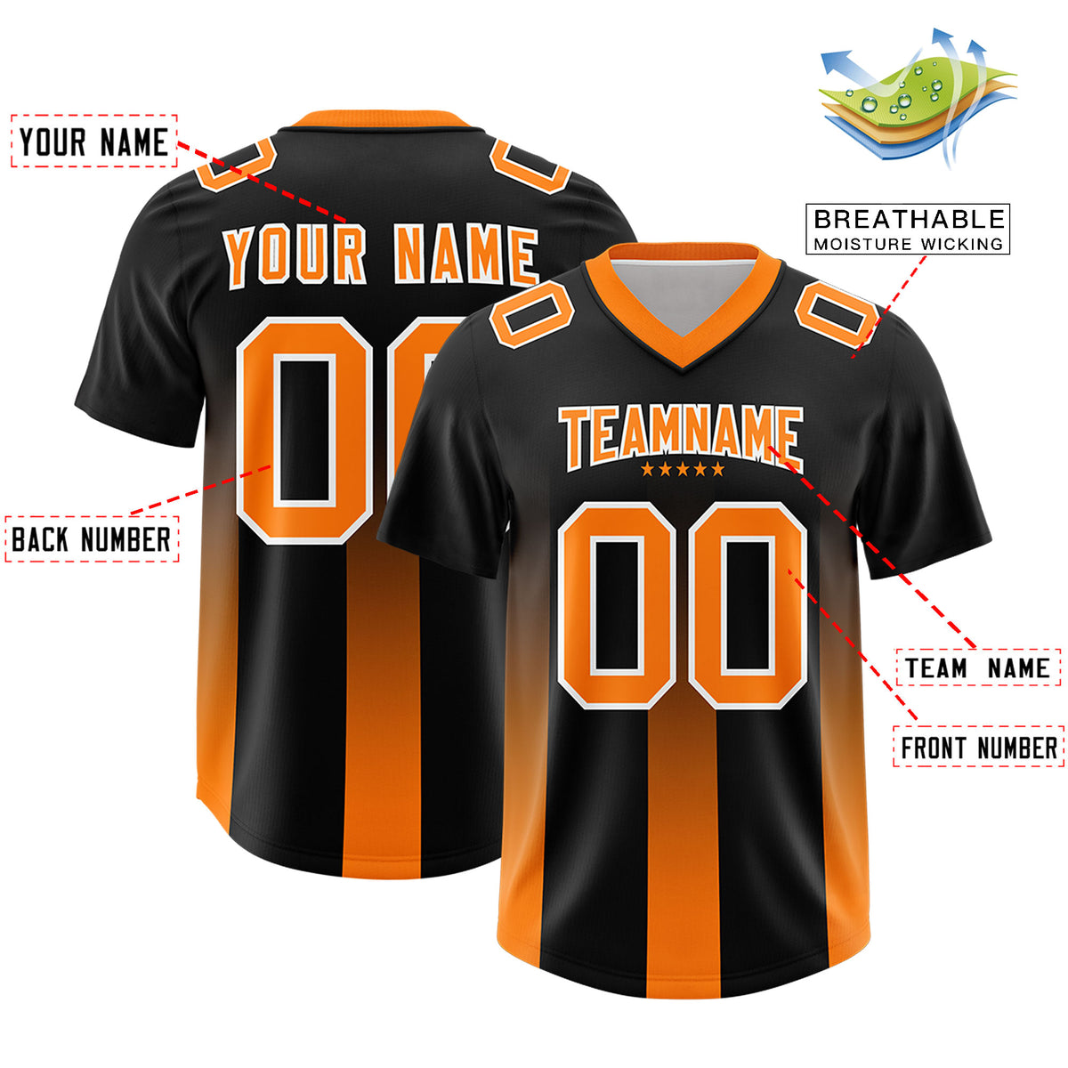 Custom Black Orange Vertical Width Stripe Gradient Fashion Personalized Team Football Jersey