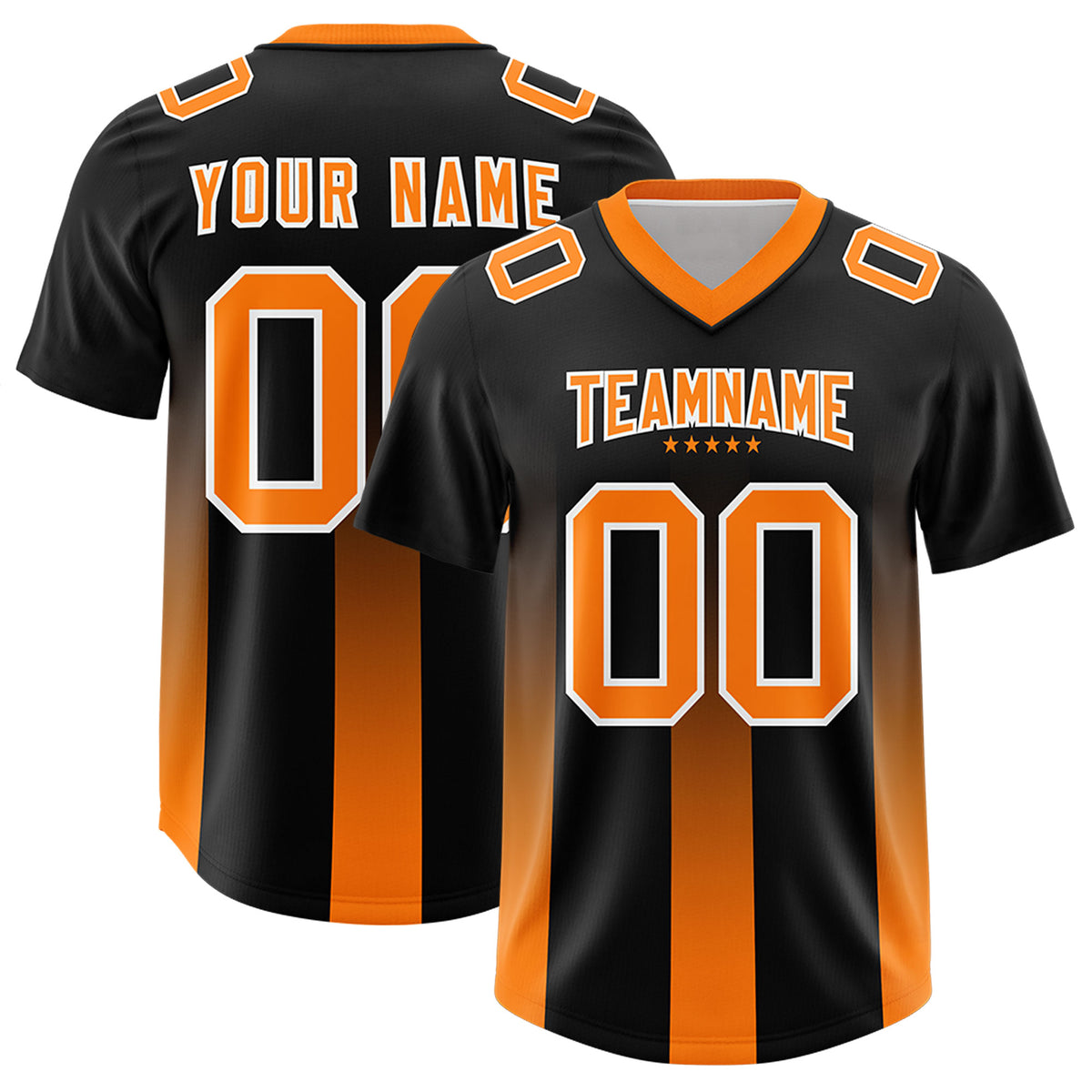 Custom Black Orange Vertical Width Stripe Gradient Fashion Personalized Team Football Jersey