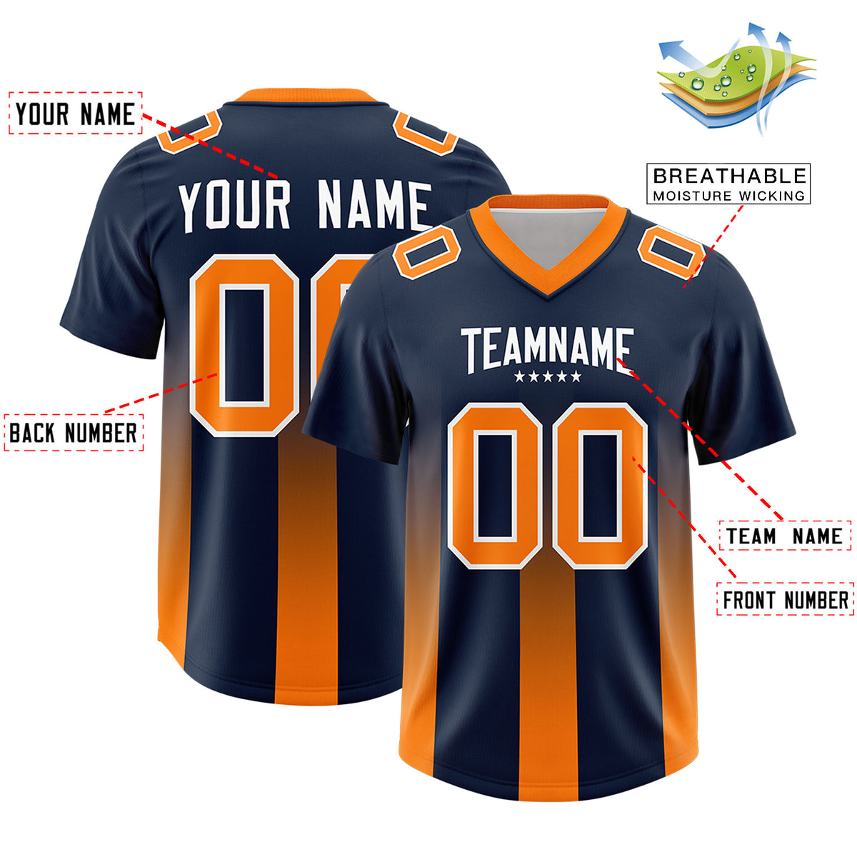 Custom Navy Orange Vertical Width Stripe Gradient Fashion Personalized Team Football Jersey