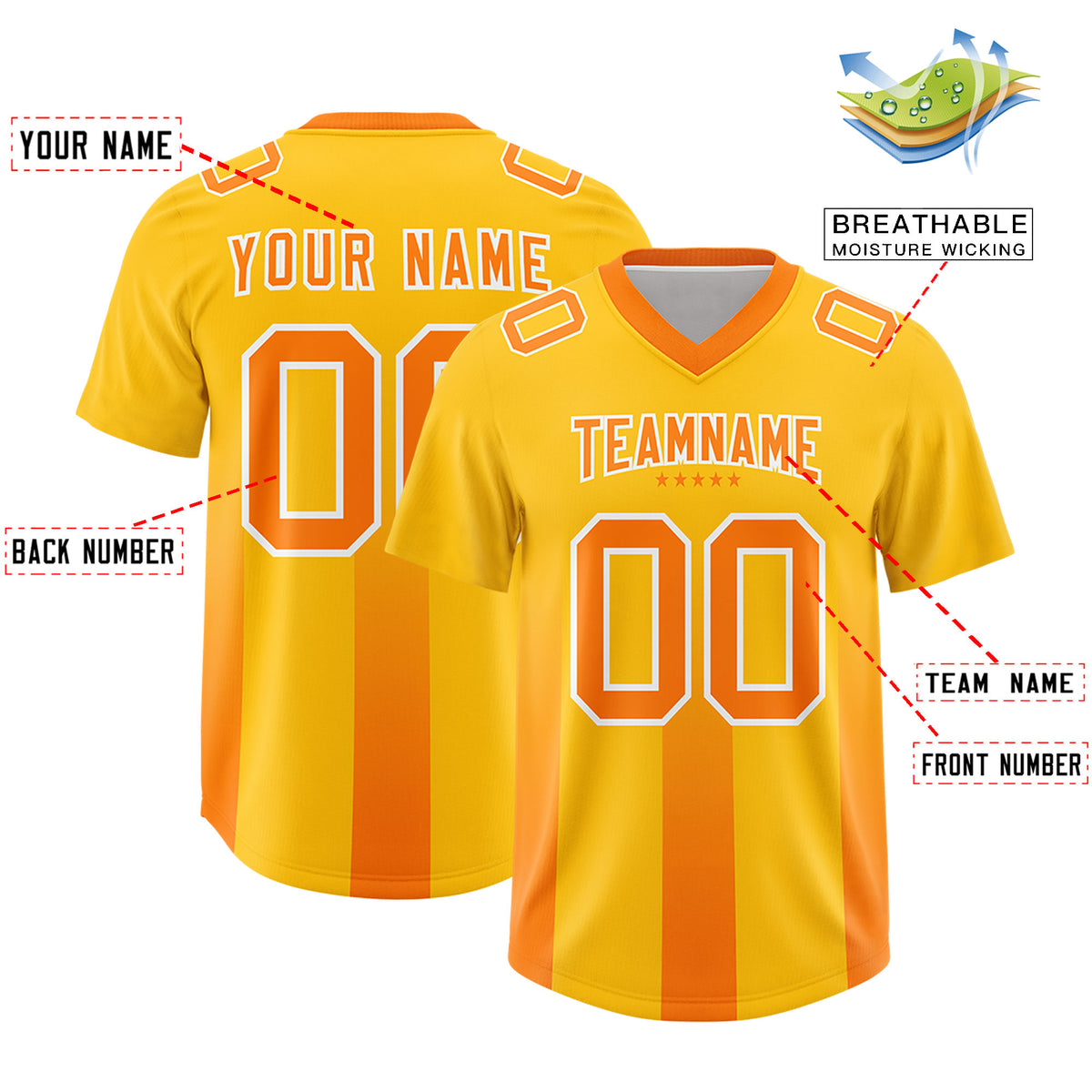 Custom Yellow Orange Vertical Width Stripe Gradient Fashion Personalized Team Football Jersey
