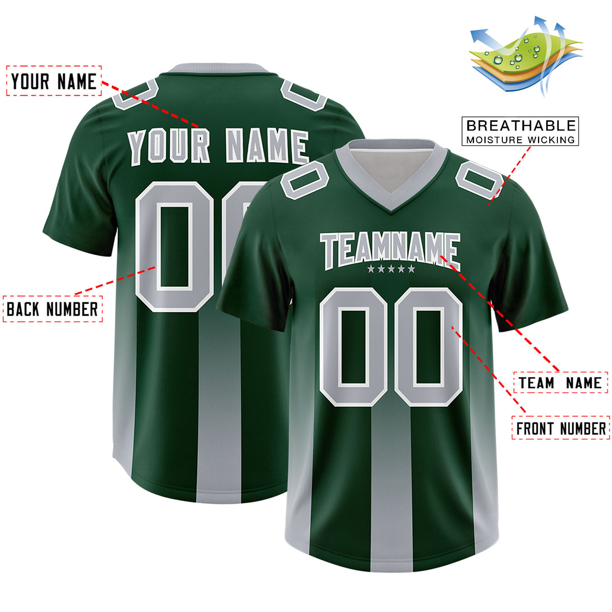Custom Green Gray Vertical Width Stripe Gradient Fashion Personalized Team Football Jersey
