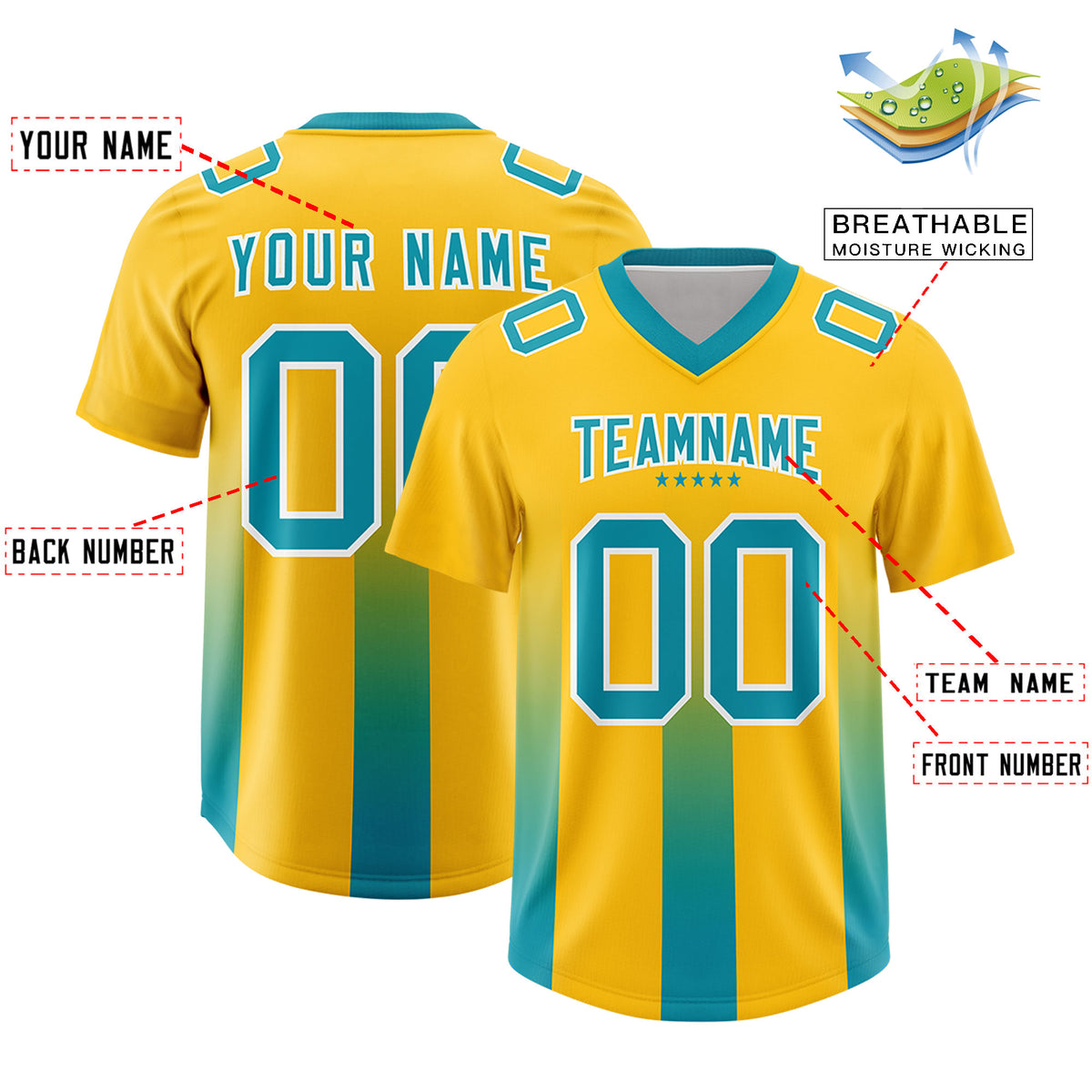Custom Yellow Aqua Vertical Width Stripe Gradient Fashion Personalized Team Football Jersey