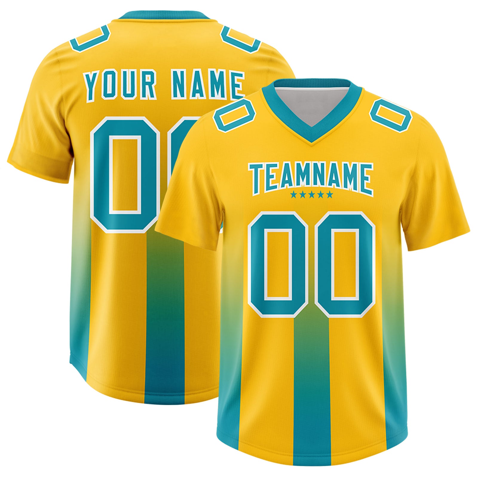 Custom Yellow Aqua Vertical Width Stripe Gradient Fashion Personalized Team Football Jersey