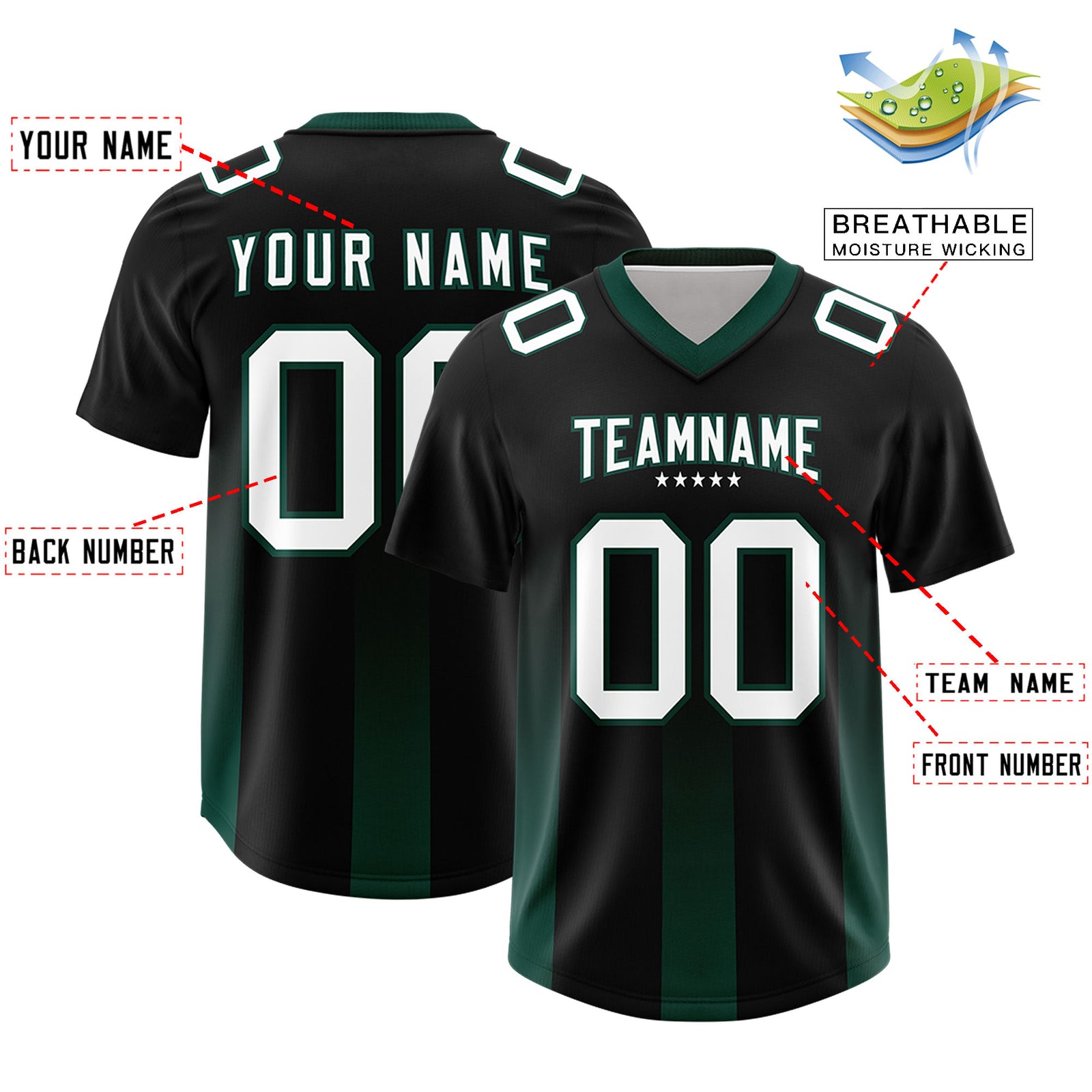 Custom Black Midnight Green Vertical Width Stripe Gradient Fashion Personalized Team Football Jersey