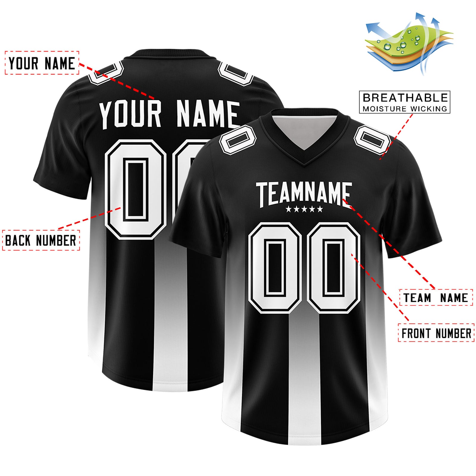 Custom Black White Vertical Width Stripe Gradient Fashion Personalized Team Football Jersey