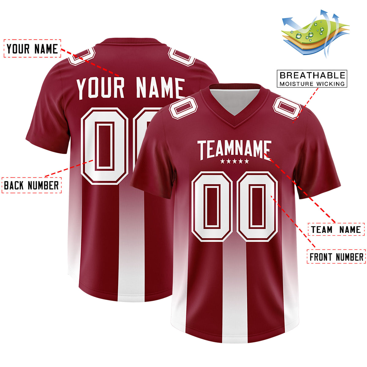 Custom Cardinal White Vertical Width Stripe Gradient Fashion Personalized Team Football Jersey