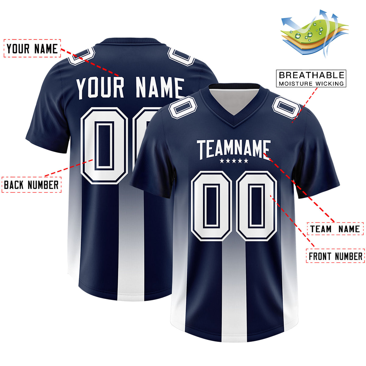 Custom Navy White Vertical Width Stripe Gradient Fashion Personalized Team Football Jersey