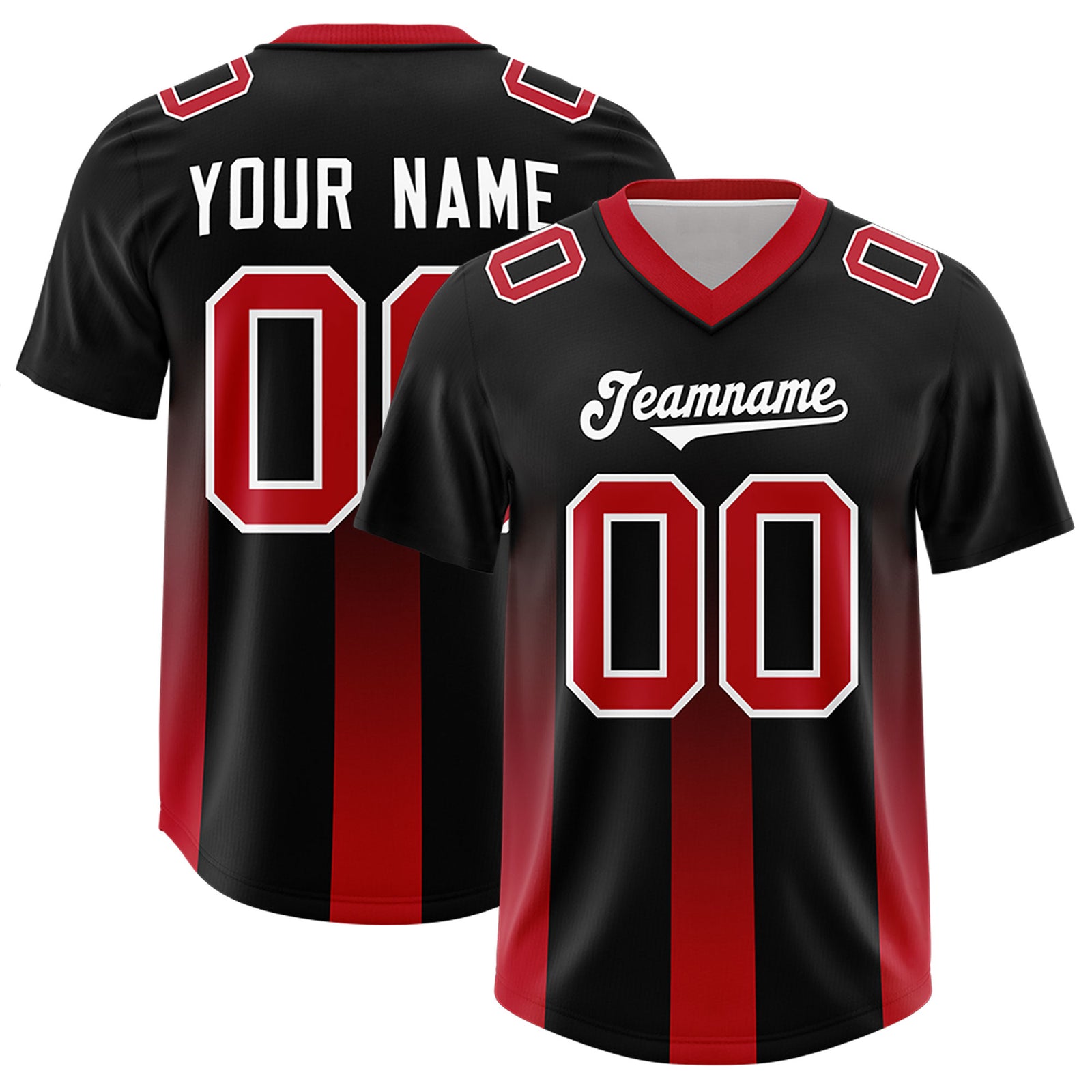 Custom Black Red Vertical Width Stripe Gradient Fashion Personalized Team Football Jersey