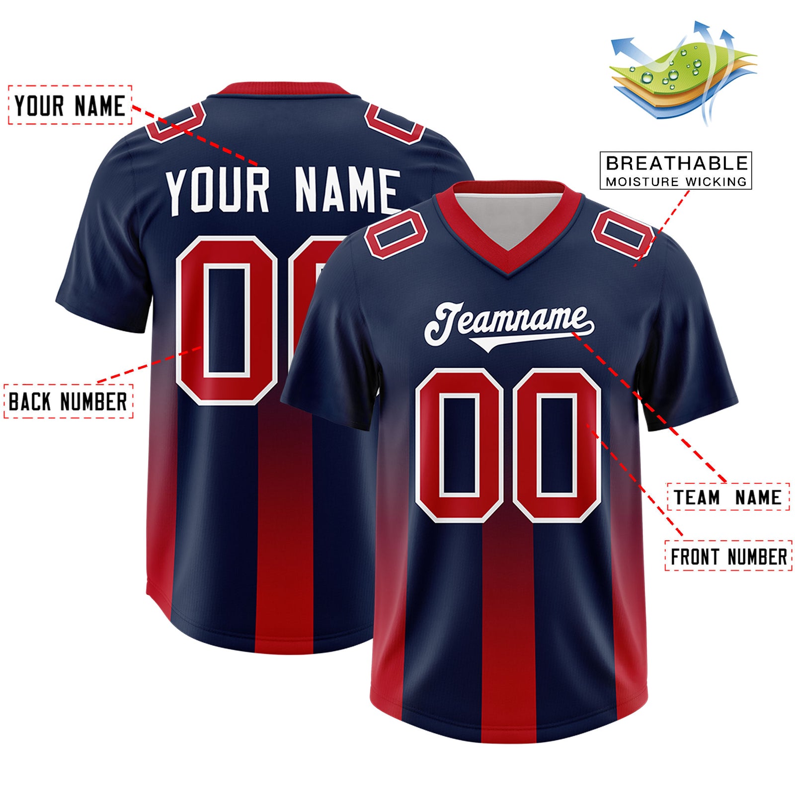 Custom Navy Red Vertical Width Stripe Gradient Fashion Personalized Team Football Jersey