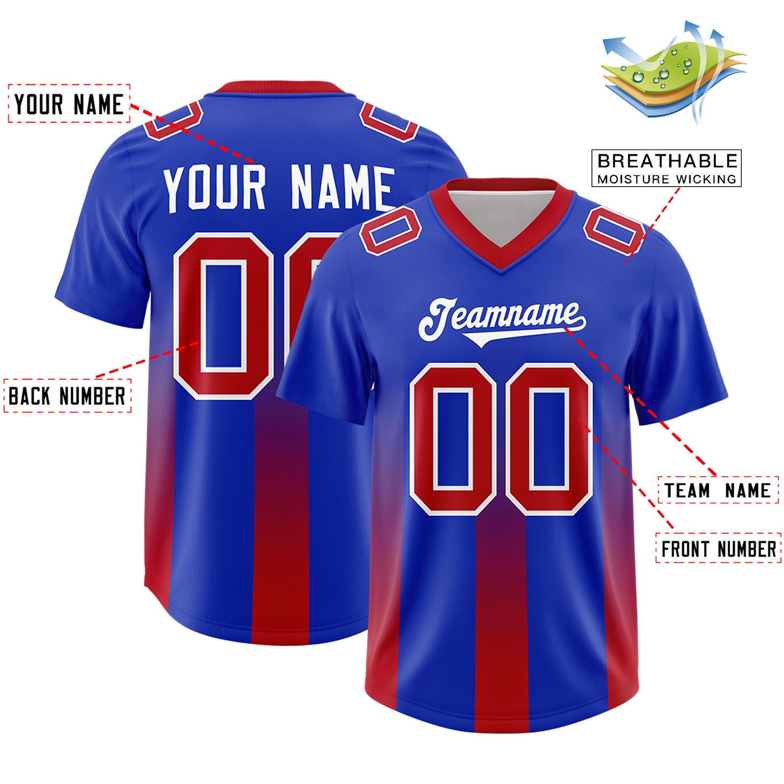 Custom Royal Red Vertical Width Stripe Gradient Fashion Personalized Team Football Jersey