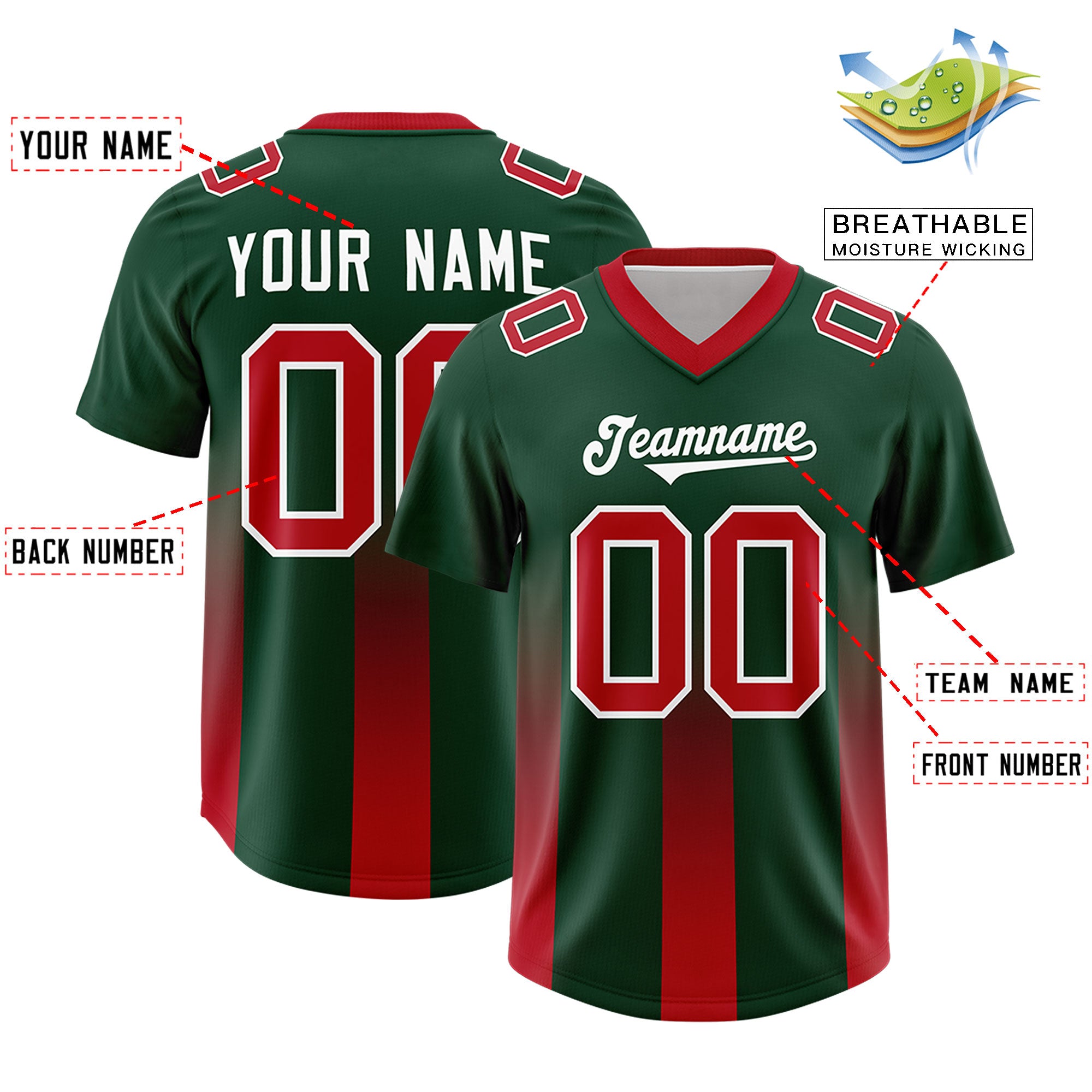 Custom Green Red Vertical Width Stripe Gradient Fashion Personalized Team Football Jersey
