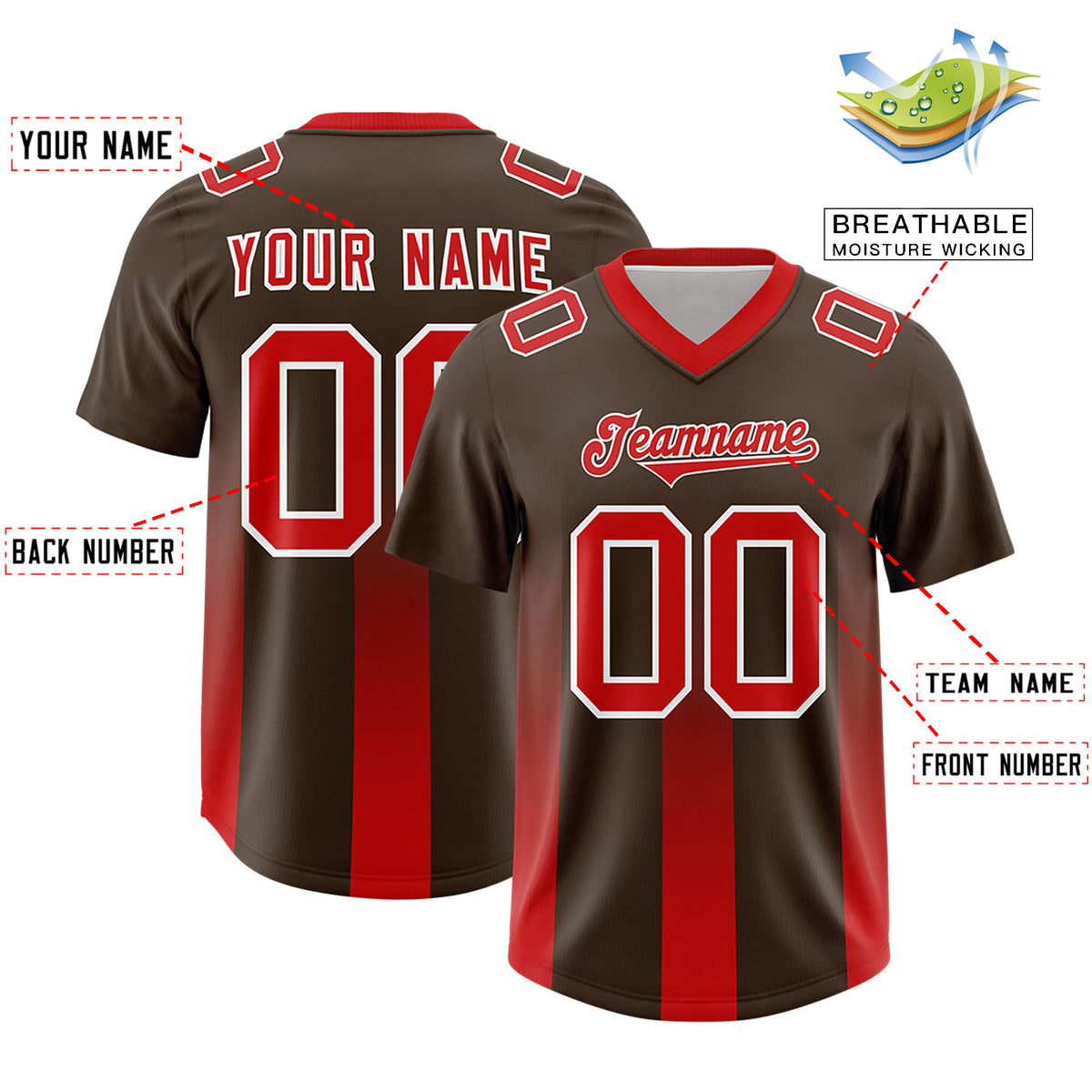 Custom Brown Red Vertical Width Stripe Gradient Fashion Personalized Team Football Jersey