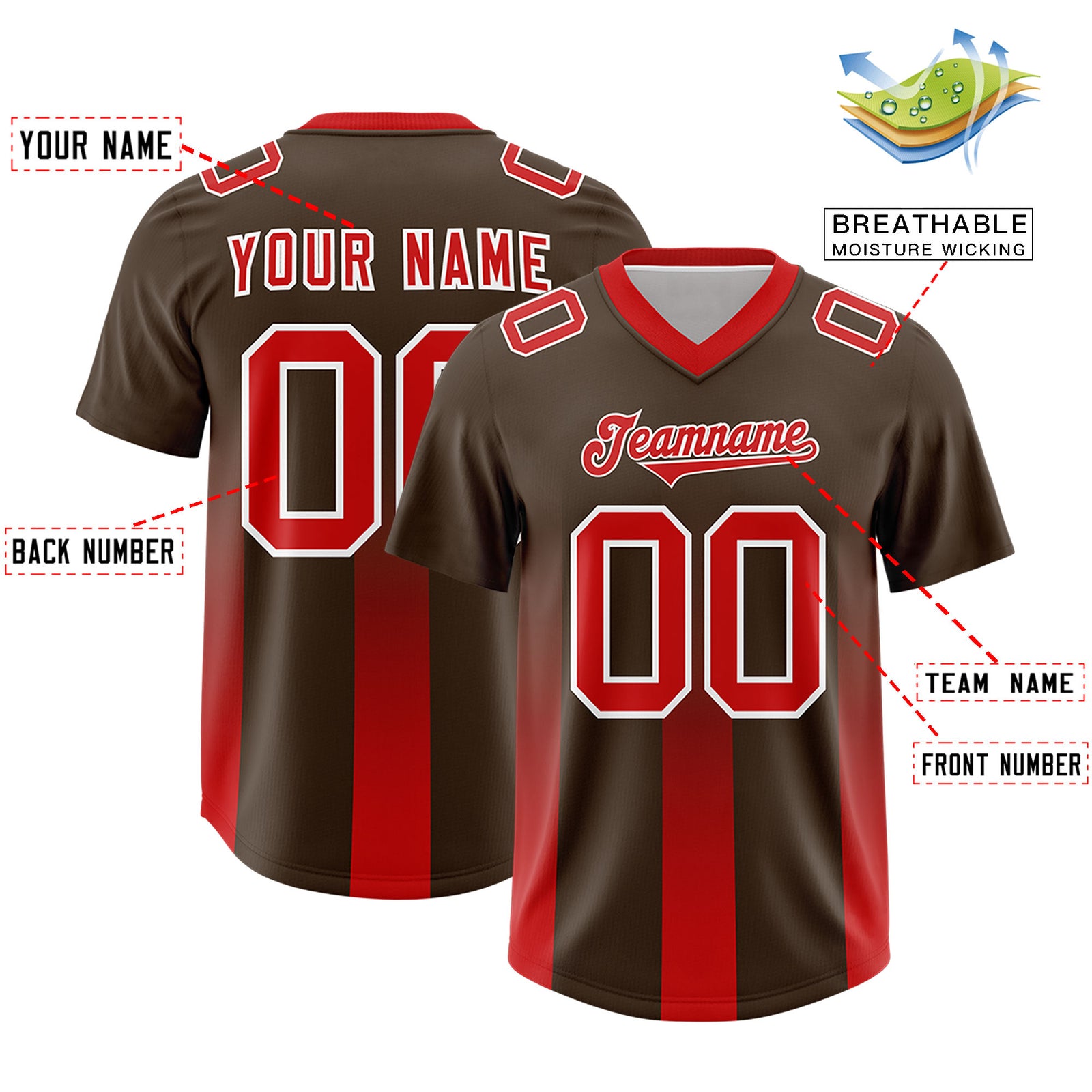 Custom Brown Red Vertical Width Stripe Gradient Fashion Personalized Team Football Jersey